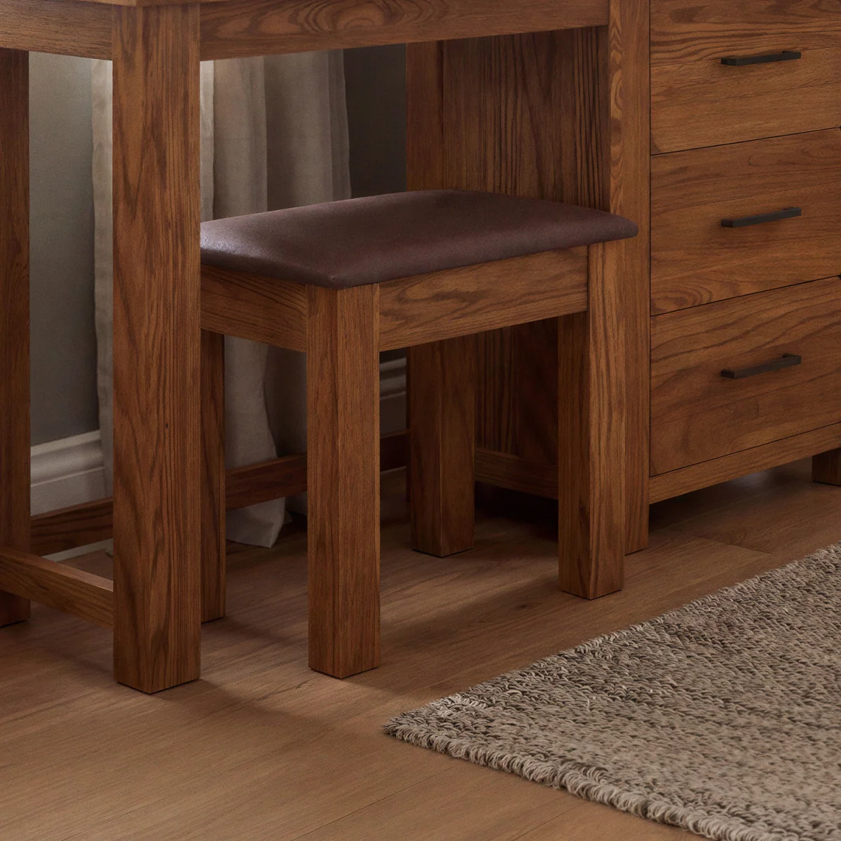 Harrogate Rustic Solid Oak And Leather Dressing Table Stool – image 2
