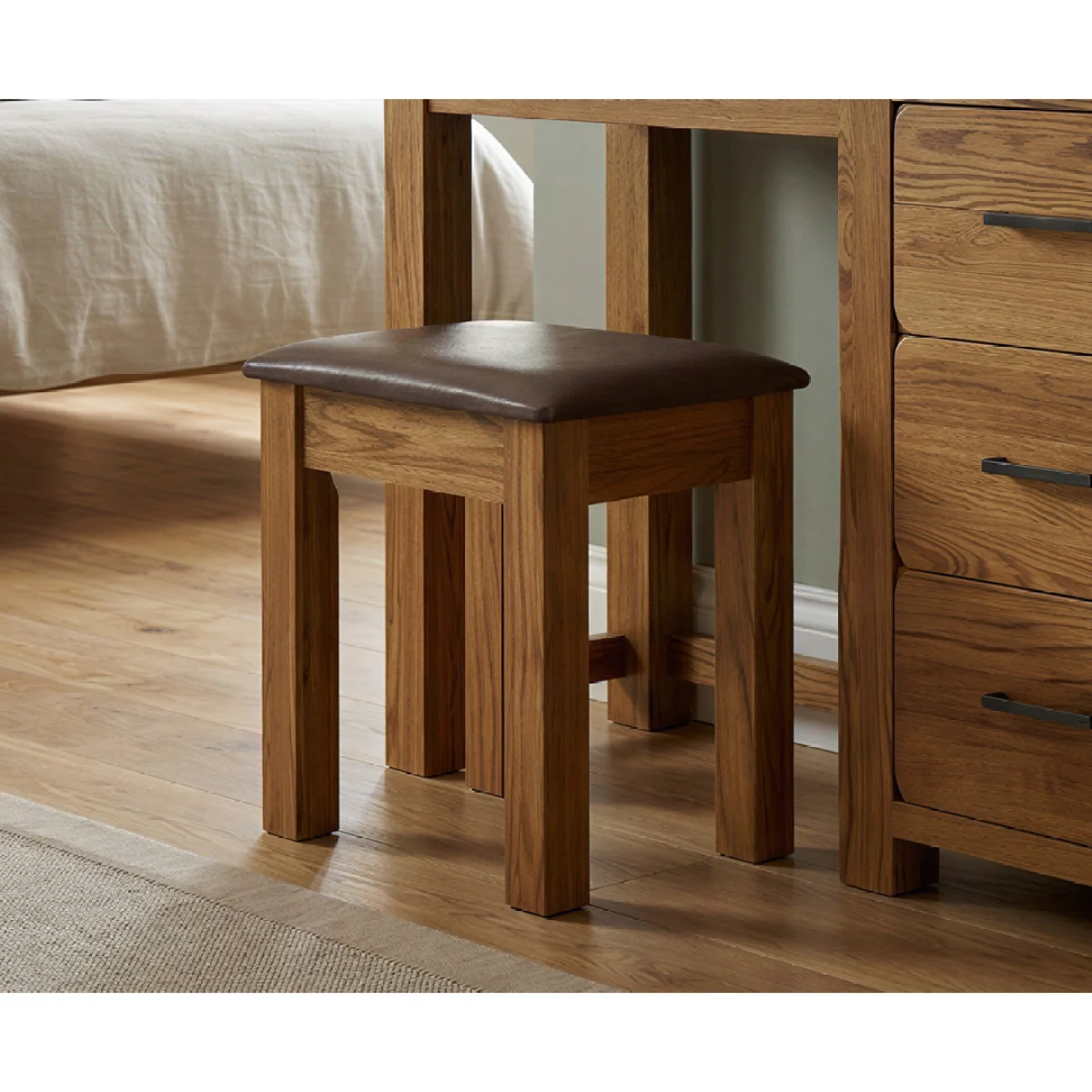 Harrogate Rustic Solid Oak And Leather Dressing Table Stool – image 3