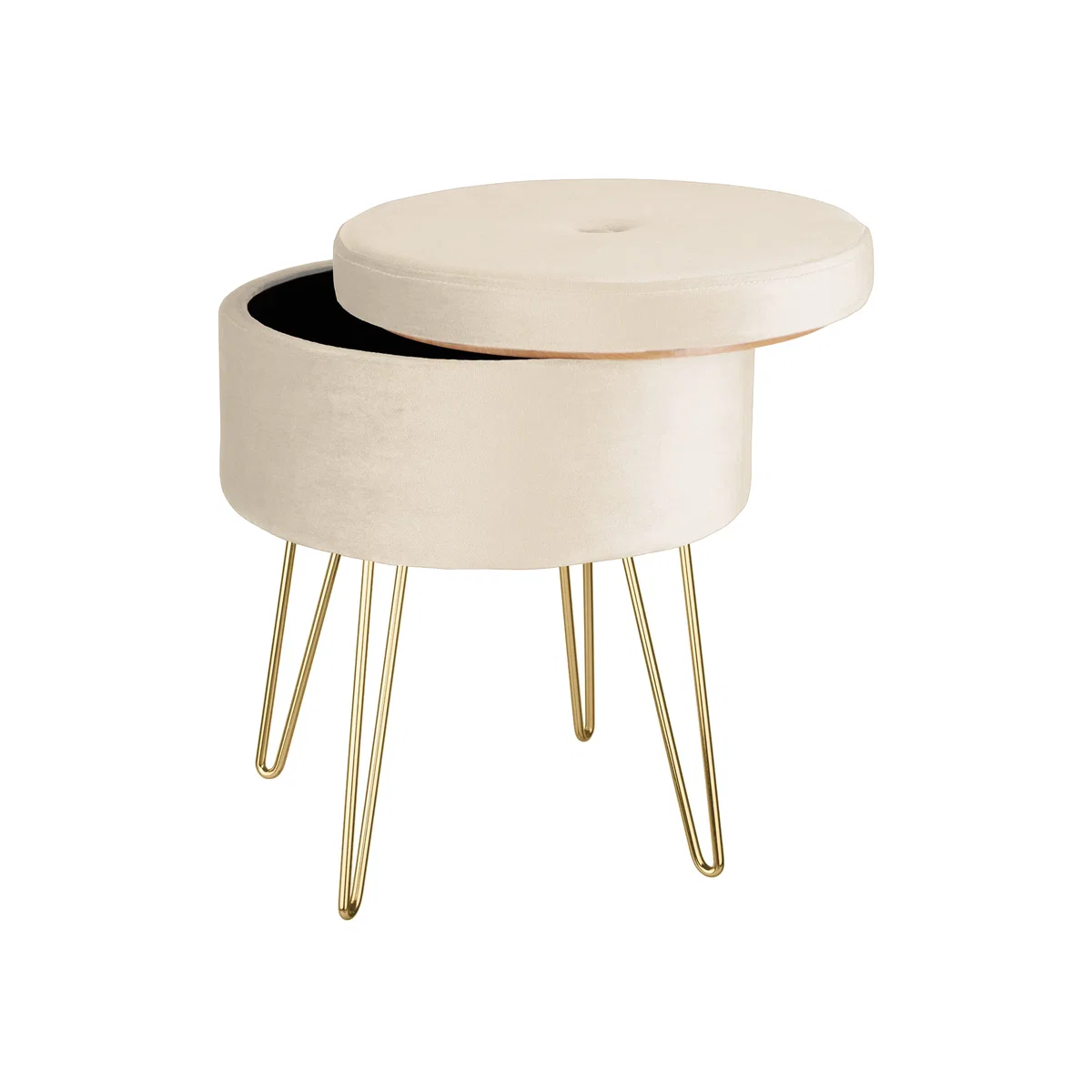 Stool Ava - Round, Padded Velvet Look, With Storage Space - Cream