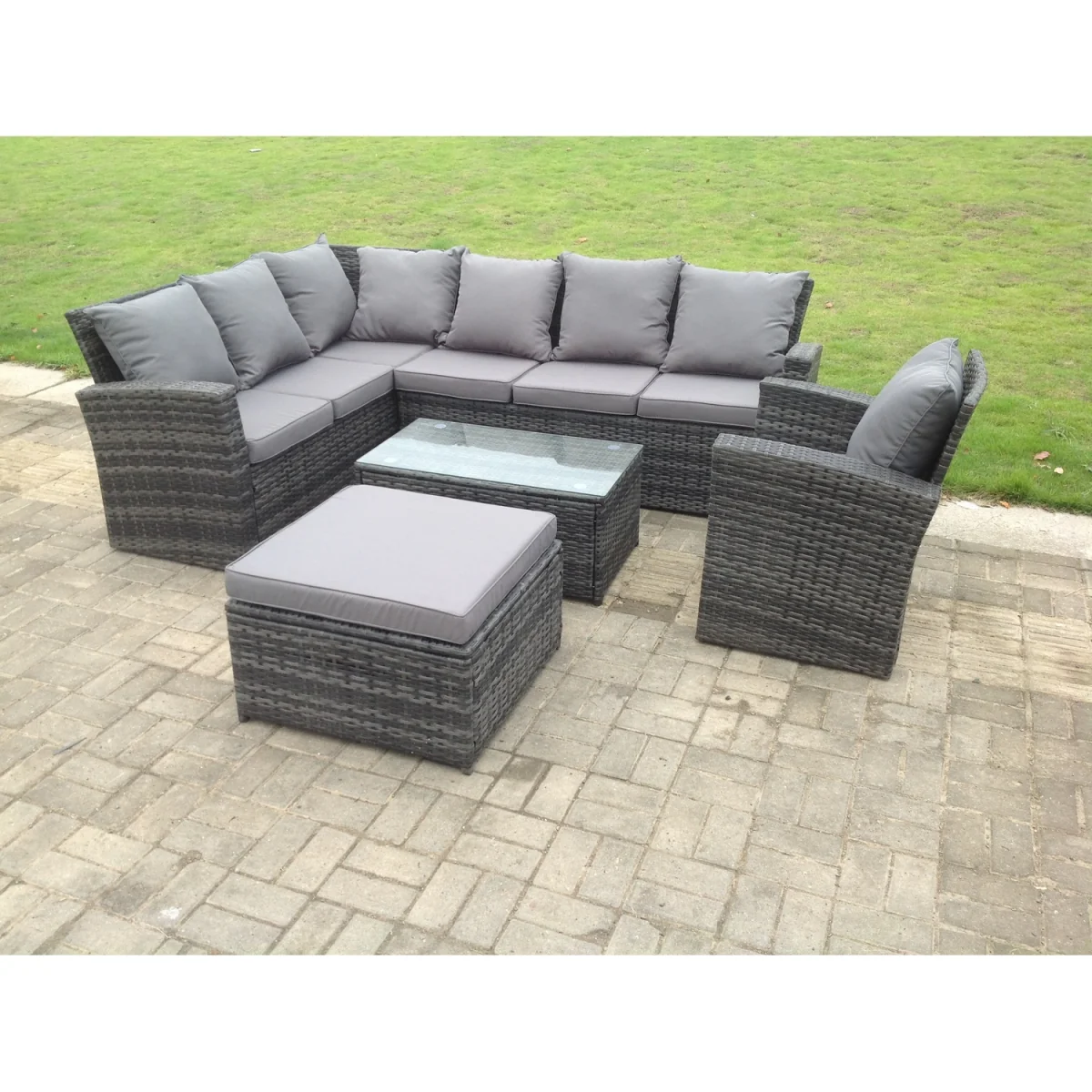 8 Seater Rattan Garden Furniture Set Coffee Table Big Stool - Dark Grey Mixed – image 3