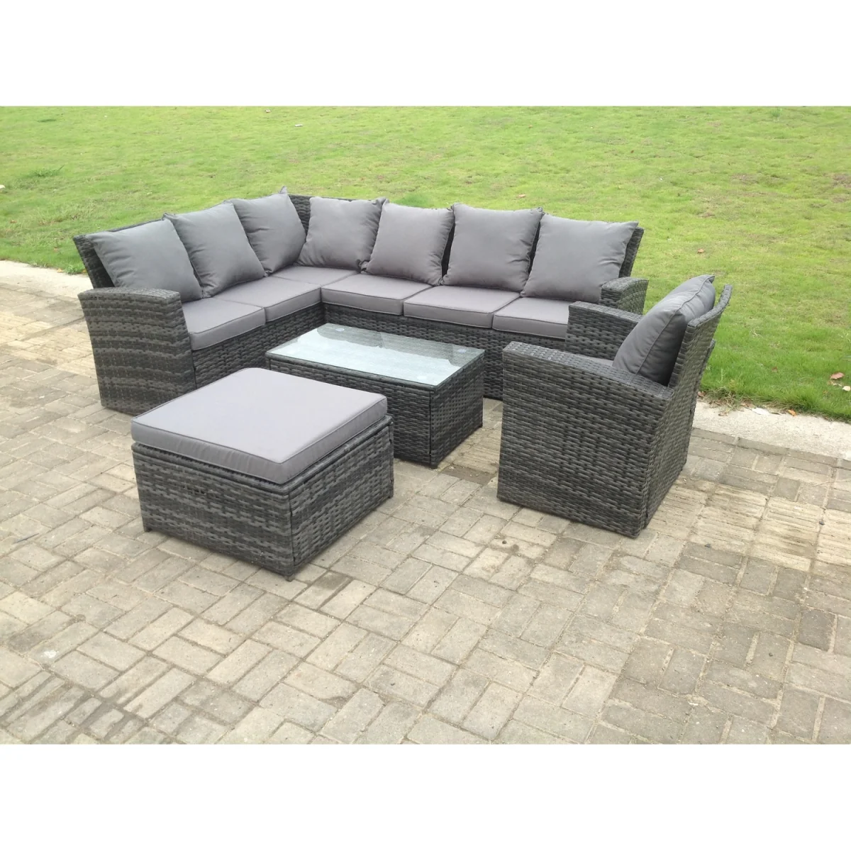 8 Seater Rattan Garden Furniture Set Coffee Table Big Stool - Dark Grey Mixed – image 4