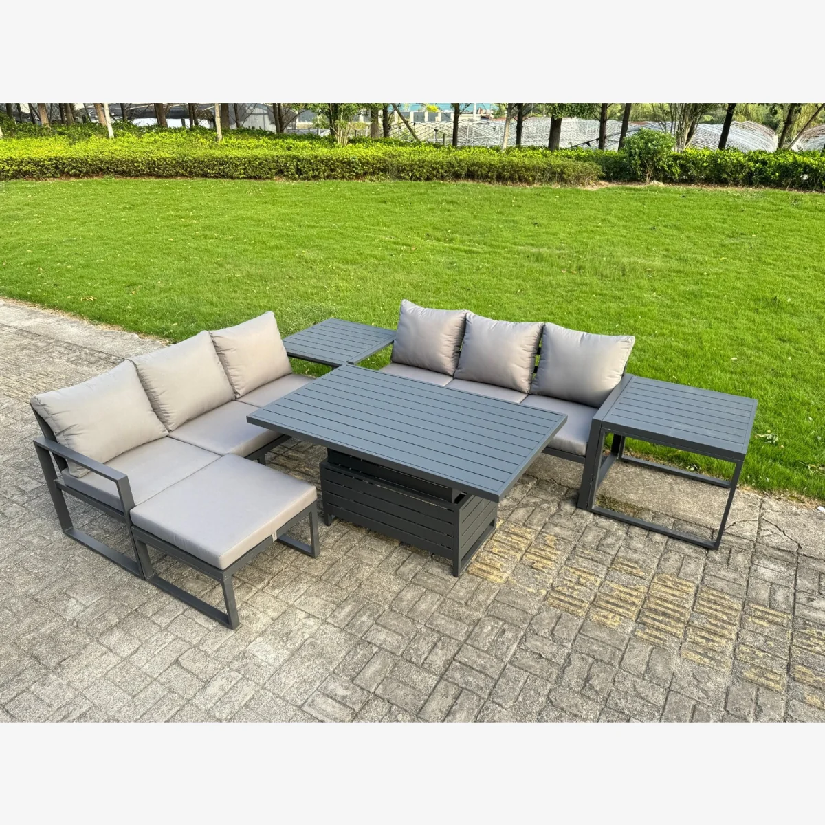 6 Pieces Garden Furniture Set Aluminium Adjustable Dining Table Sofa Set 2 Side Tables Big Stool