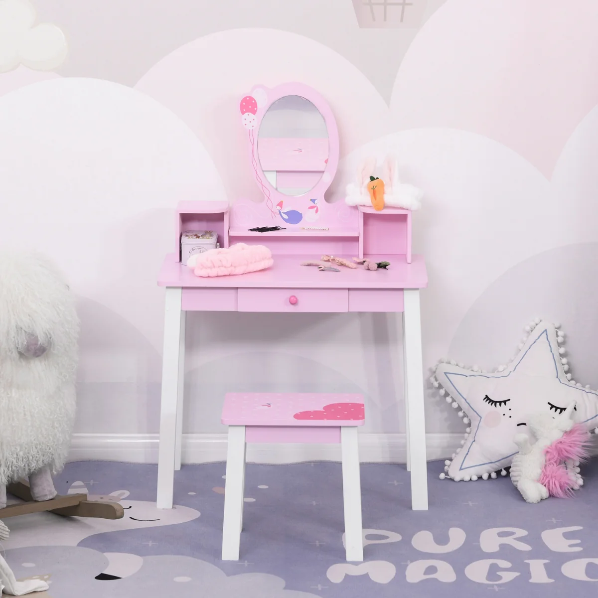 Kids Wooden Dressing Table And Stool  - Pink – image 2