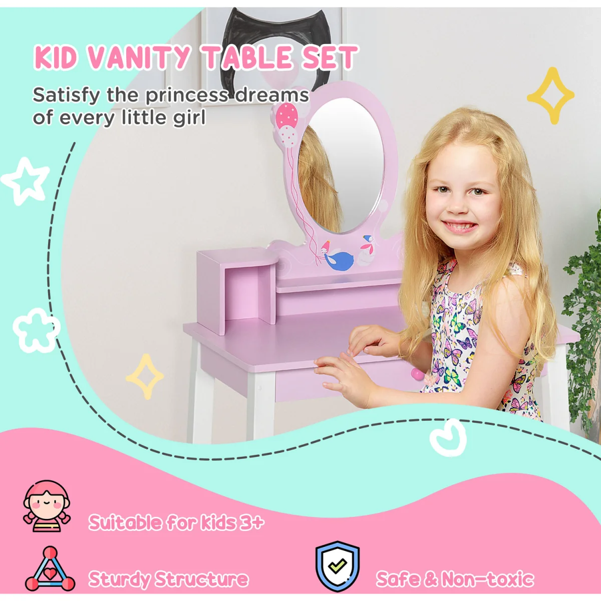 Kids Wooden Dressing Table And Stool  - Pink – image 6