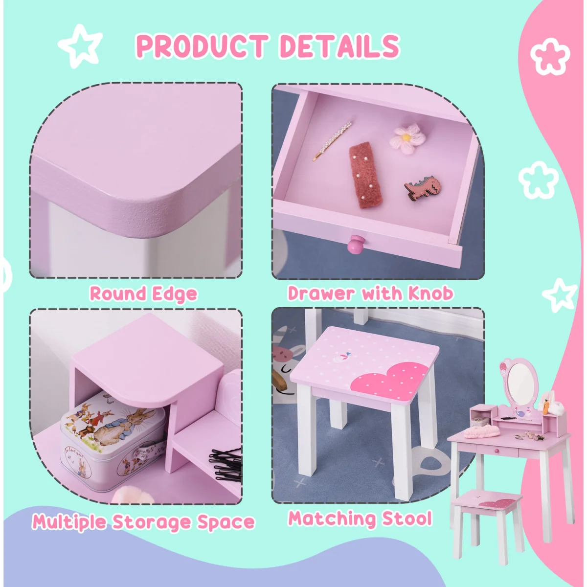 Kids Wooden Dressing Table And Stool  - Pink – image 7