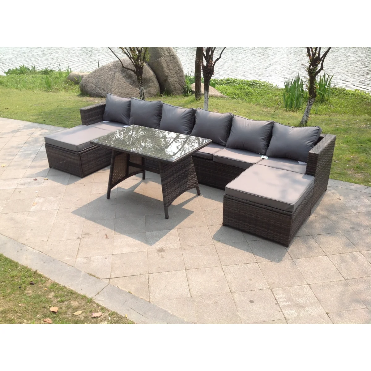 Lounge Rattan Garden Furniture Sets Dining Table And 2 PC Big Stools - Dark Grey Mixed – image 2