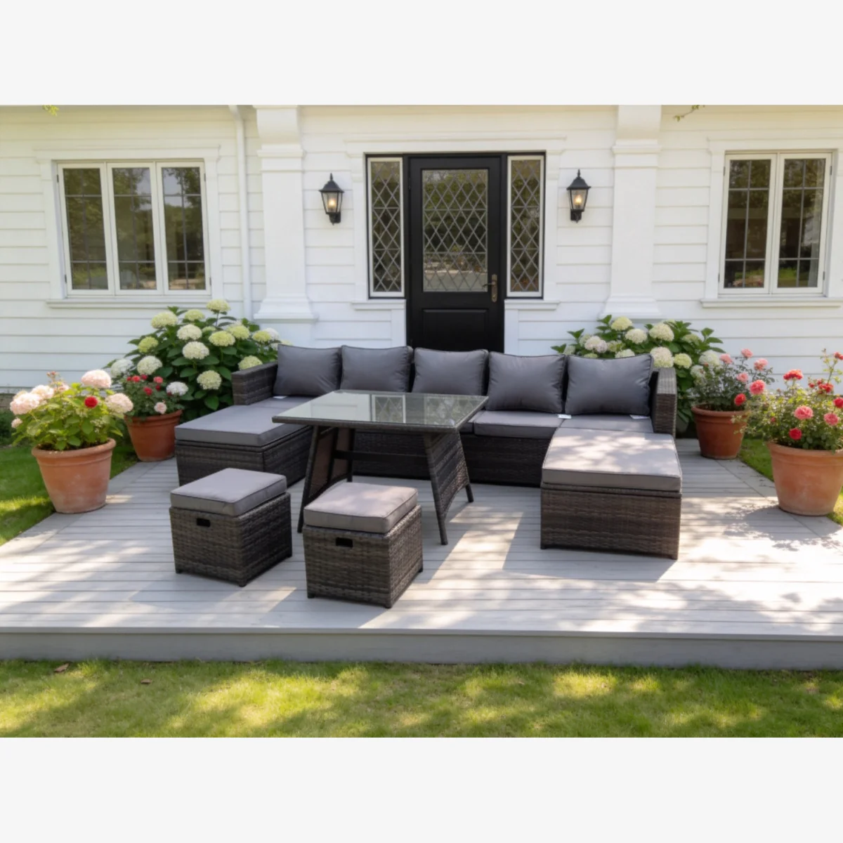 Lounge Rattan Garden Furniture Sets Dining Table And 2 PC Big Stools - Dark Grey Mixed – image 1