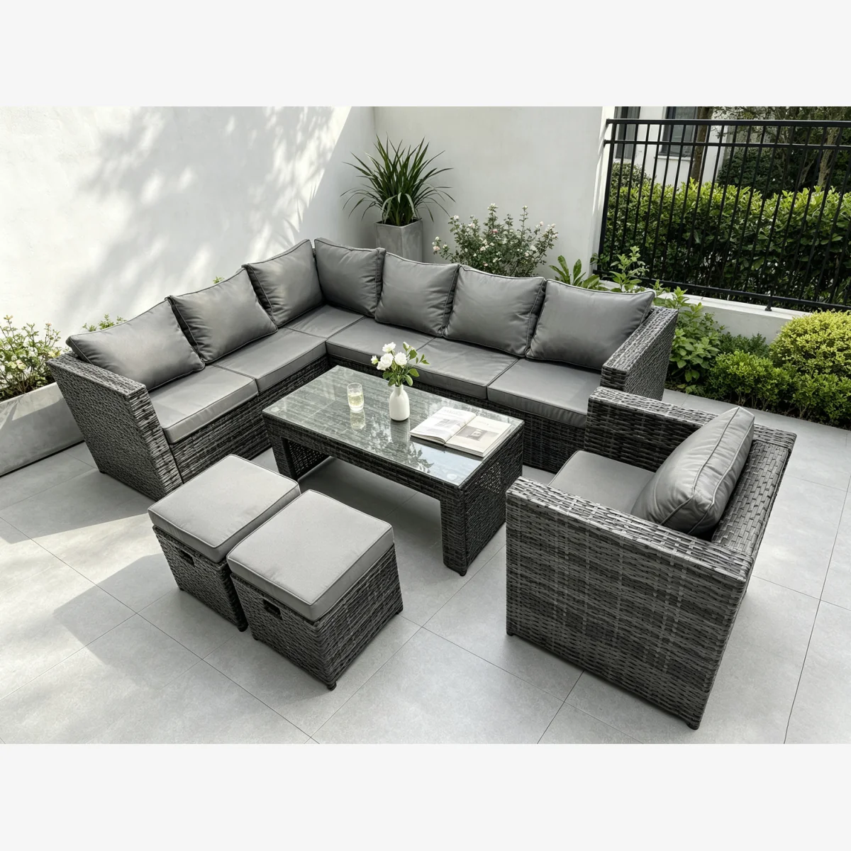 Rattan Corner Sofa Coffee Table 2 Stools Seater - Dark Grey