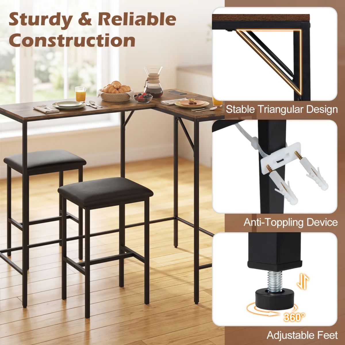 3 Piece Convertible LShaped Kitchen Table with Padded Stools-Brown - Brown – image 2