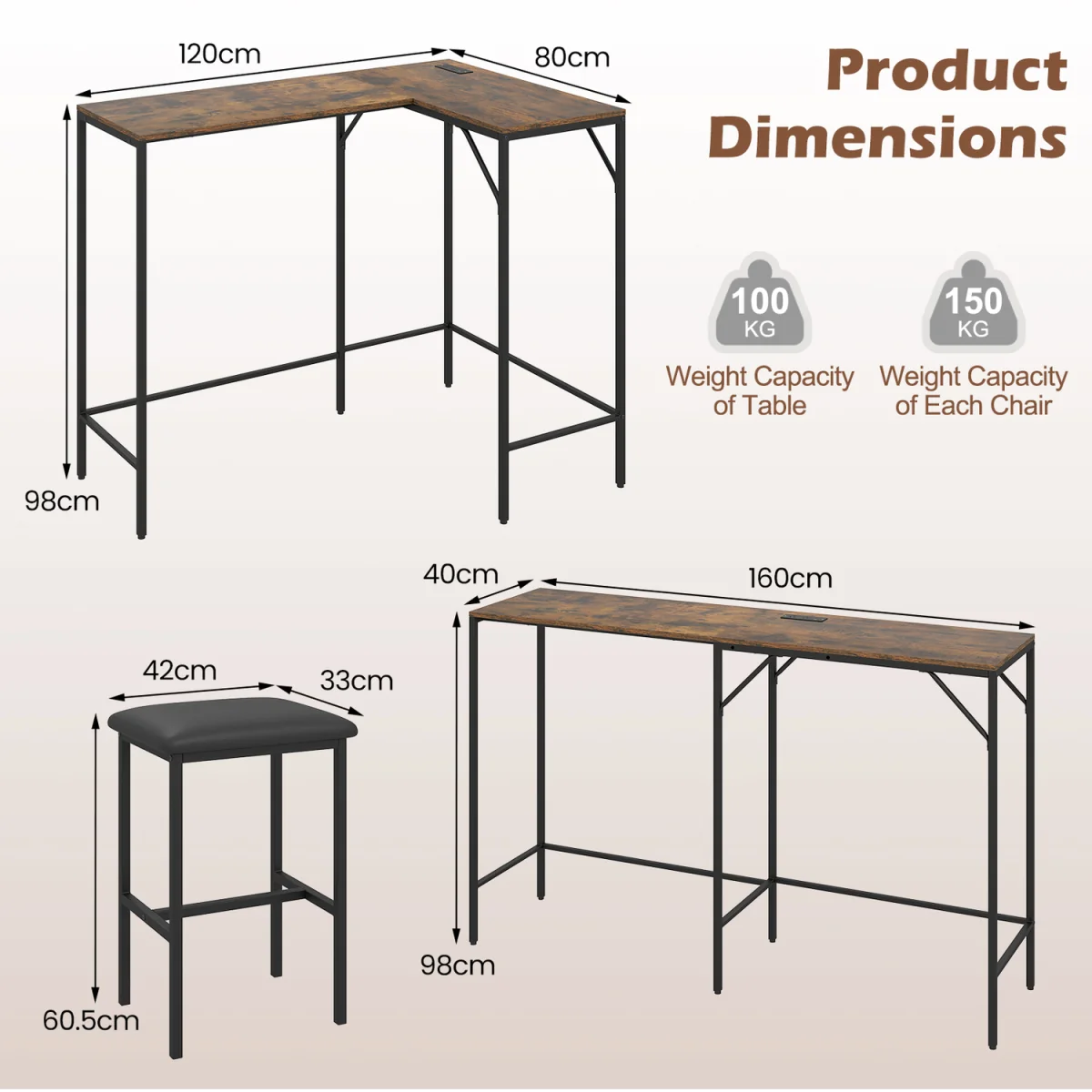 3 Piece Convertible LShaped Kitchen Table with Padded Stools-Brown - Brown – image 3