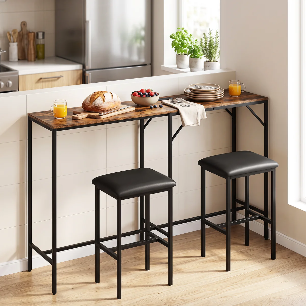 3 Piece Convertible LShaped Kitchen Table with Padded Stools-Brown - Brown – image 4