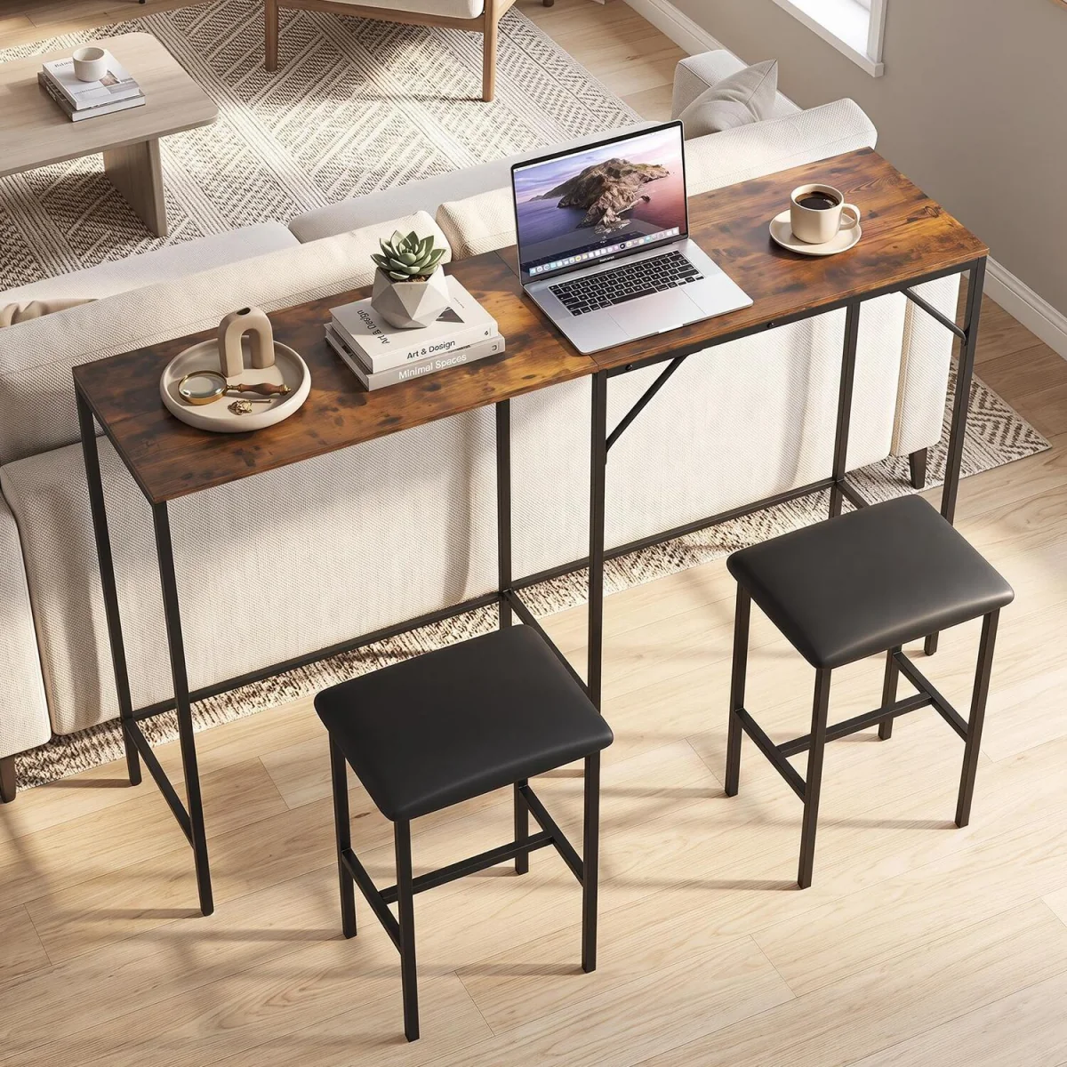 3 Piece Convertible LShaped Kitchen Table with Padded Stools-Brown - Brown – image 5