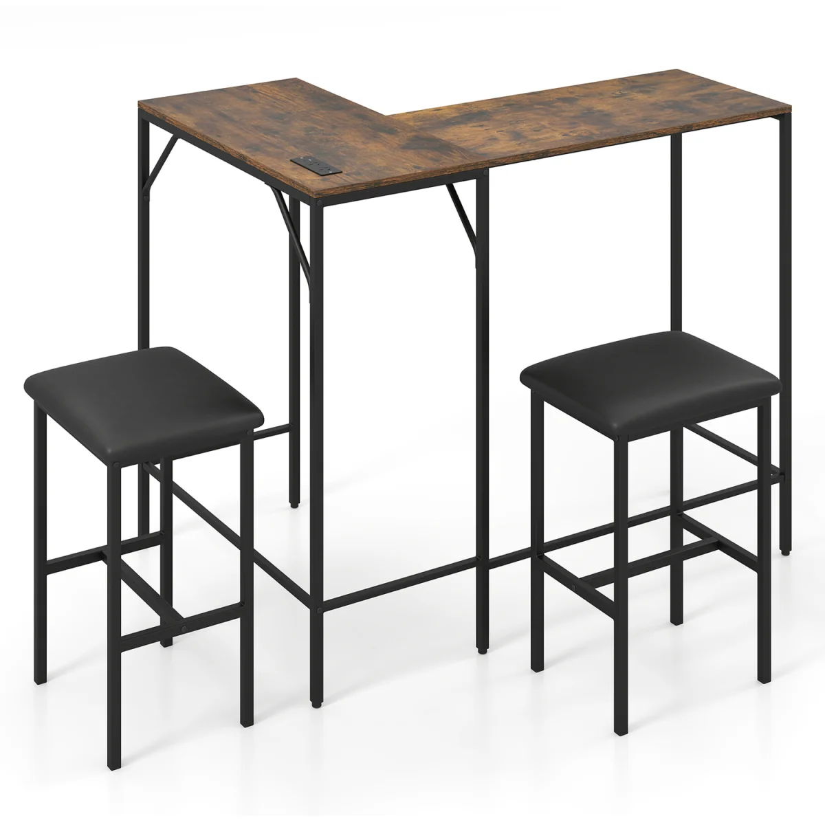 3 Piece Convertible LShaped Kitchen Table with Padded Stools-Brown - Brown – image 7