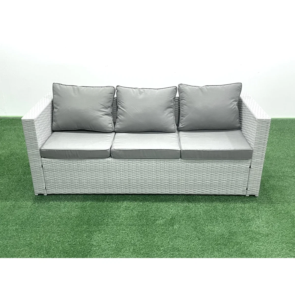 Fimous 8-Seater PE Rattan Garden Furniture Set with Dining Table and Stools, Light Grey Mixed. - Light grey mixed rattan with dark grey fabric – image 2