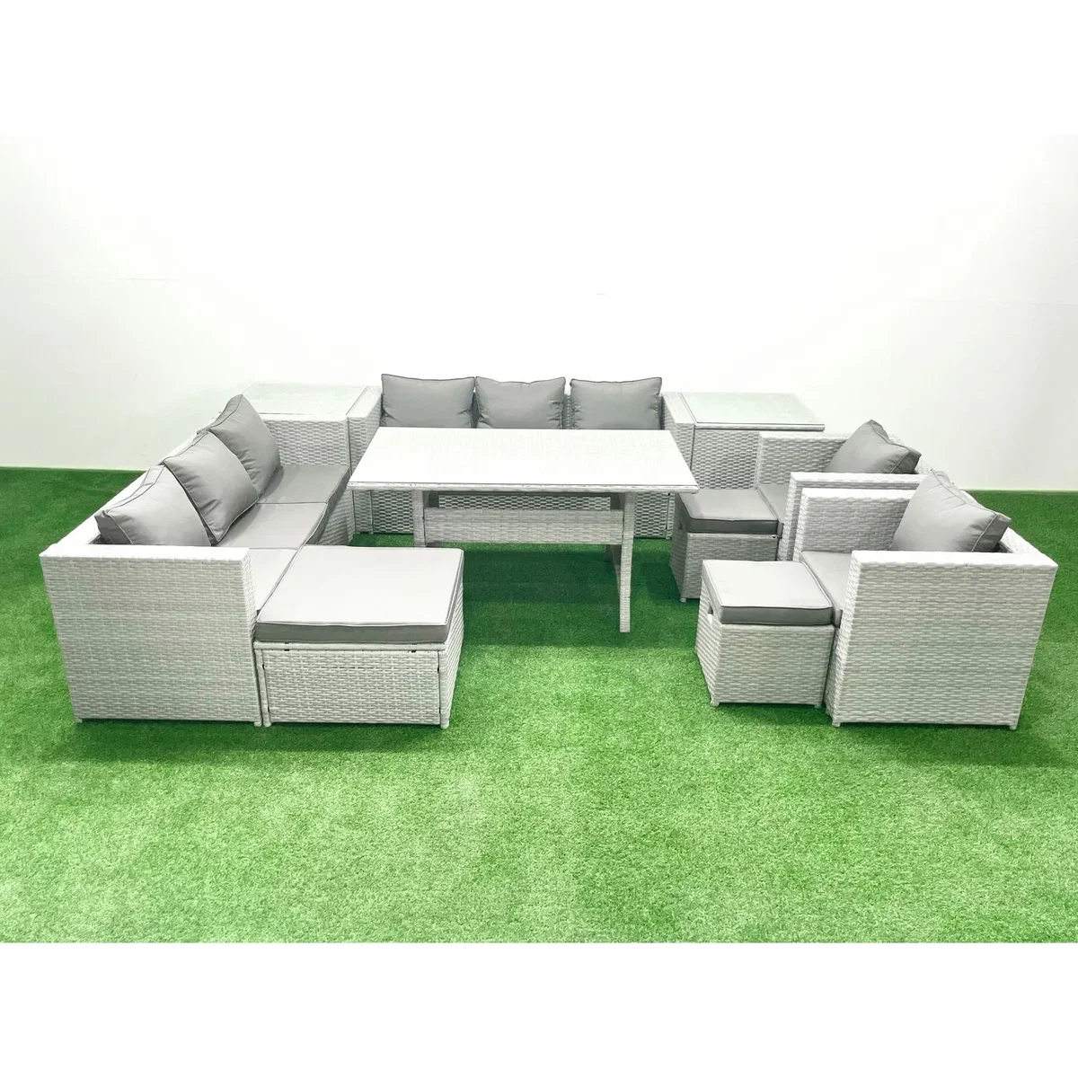 Fimous 8-Seater PE Rattan Garden Furniture Set with Dining Table and Stools, Light Grey Mixed. - Light grey mixed rattan with dark grey fabric – image 5