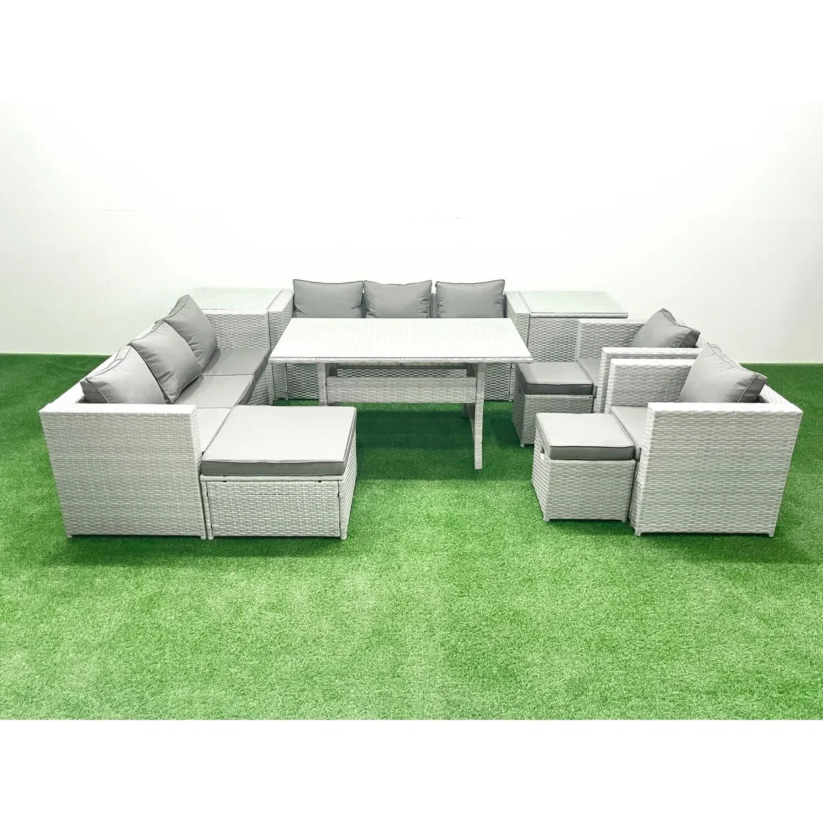 Fimous 8-Seater PE Rattan Garden Furniture Set with Dining Table and Stools, Light Grey Mixed. - Light grey mixed rattan with dark grey fabric – image 1