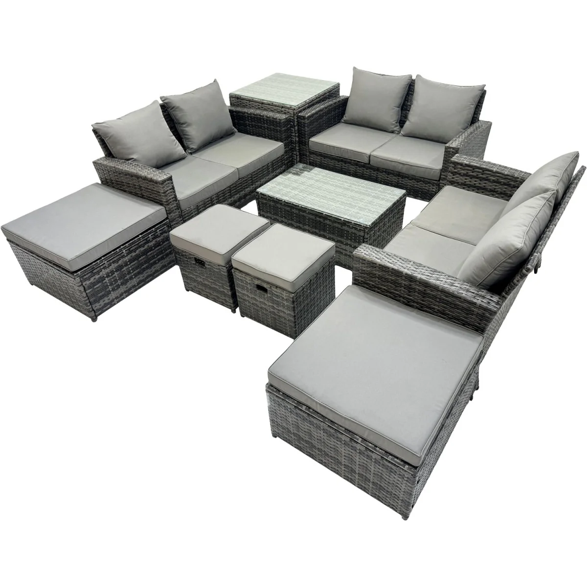 Fimous PE Rattan Outdoor Set ¿ 3 x 2-Seater Sofas, Tables & 4 Stools, Dark Grey - Dark grey mixed rattan with dark grey fabric – image 5