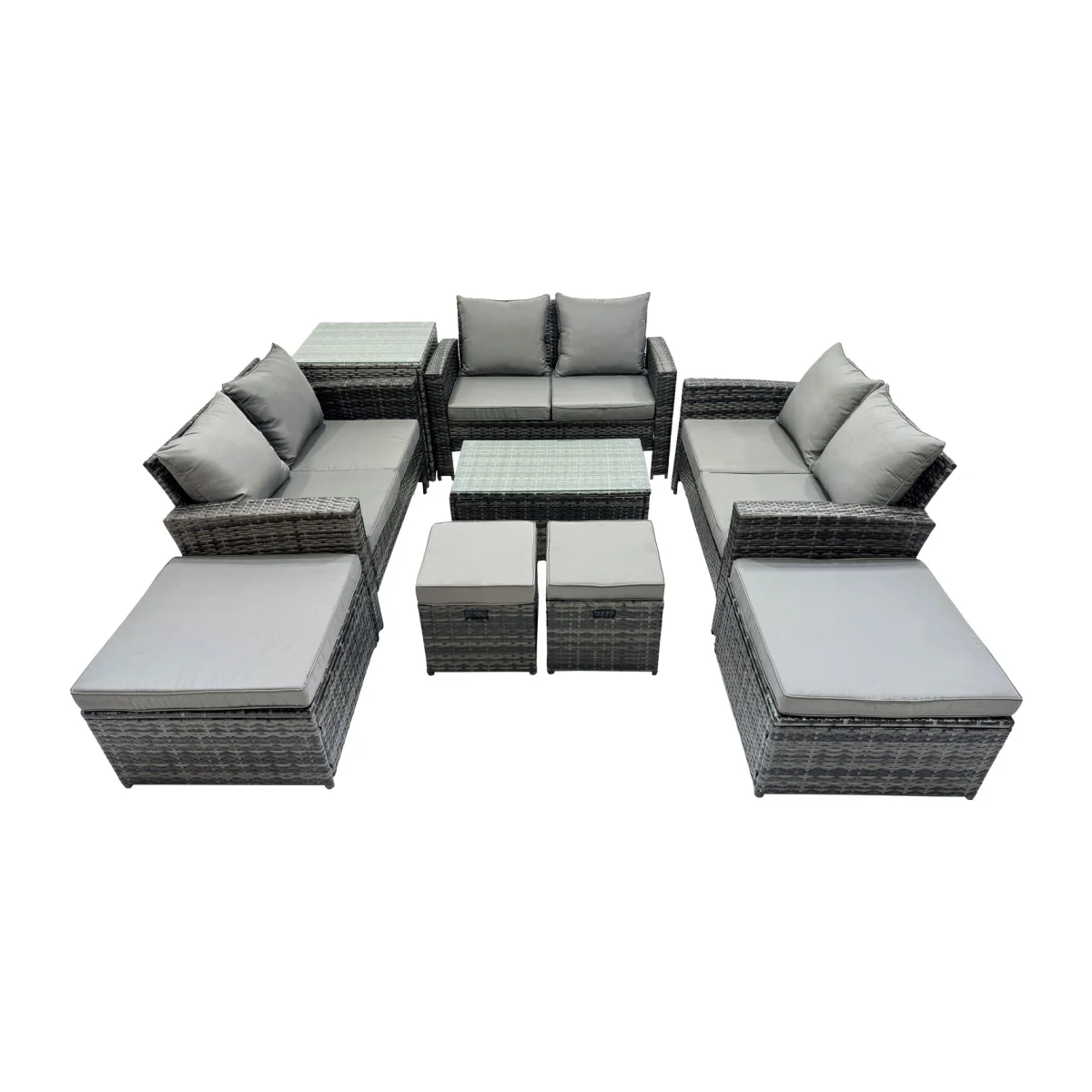 Fimous PE Rattan Outdoor Set ¿ 3 x 2-Seater Sofas, Tables & 4 Stools, Dark Grey - Dark grey mixed rattan with dark grey fabric – image 1