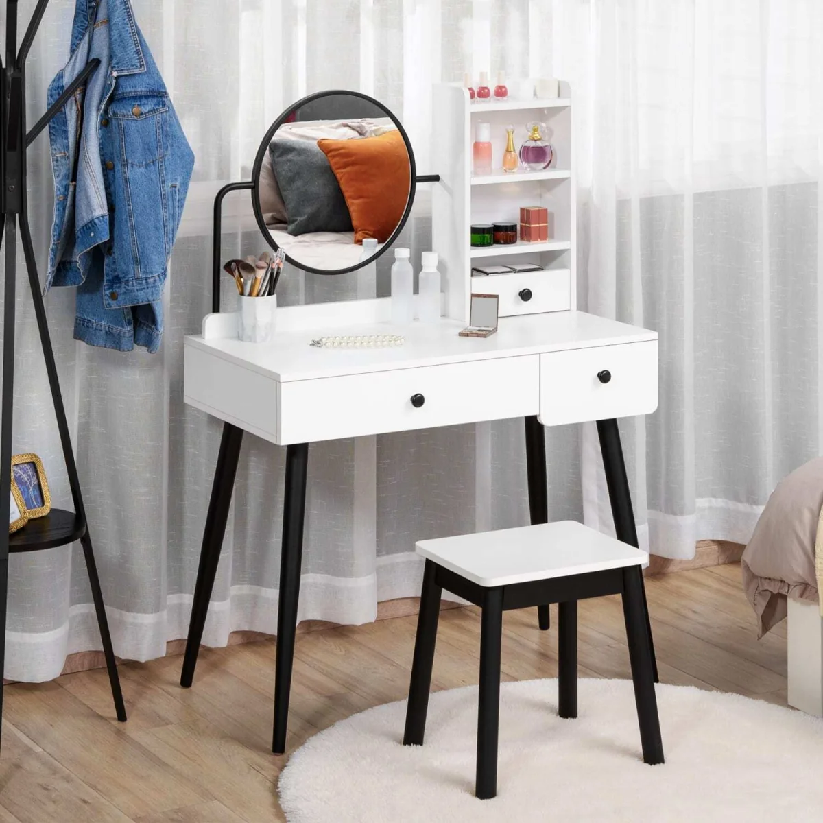 Viro White Dressing Table and Stool Set with 3 Drawers and Open Shelving – image 3