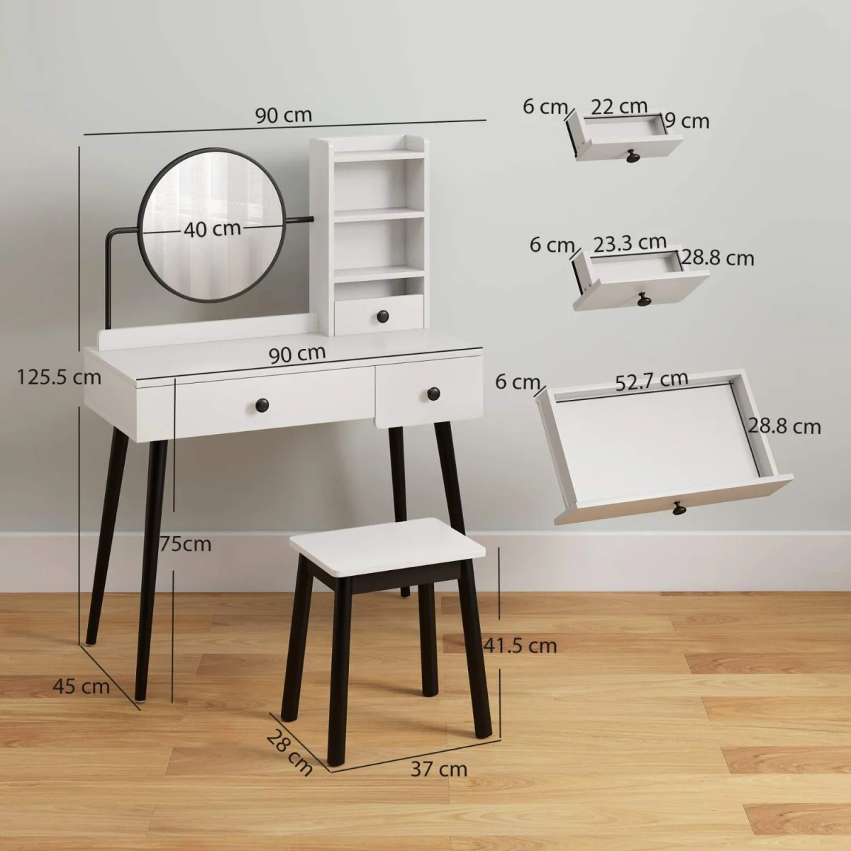 Viro White Dressing Table and Stool Set with 3 Drawers and Open Shelving – image 4