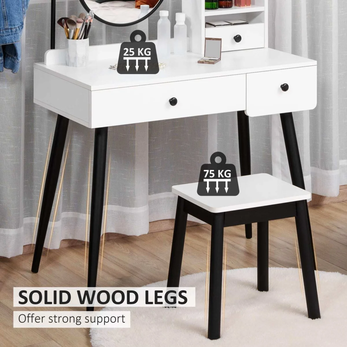Viro White Dressing Table and Stool Set with 3 Drawers and Open Shelving – image 5