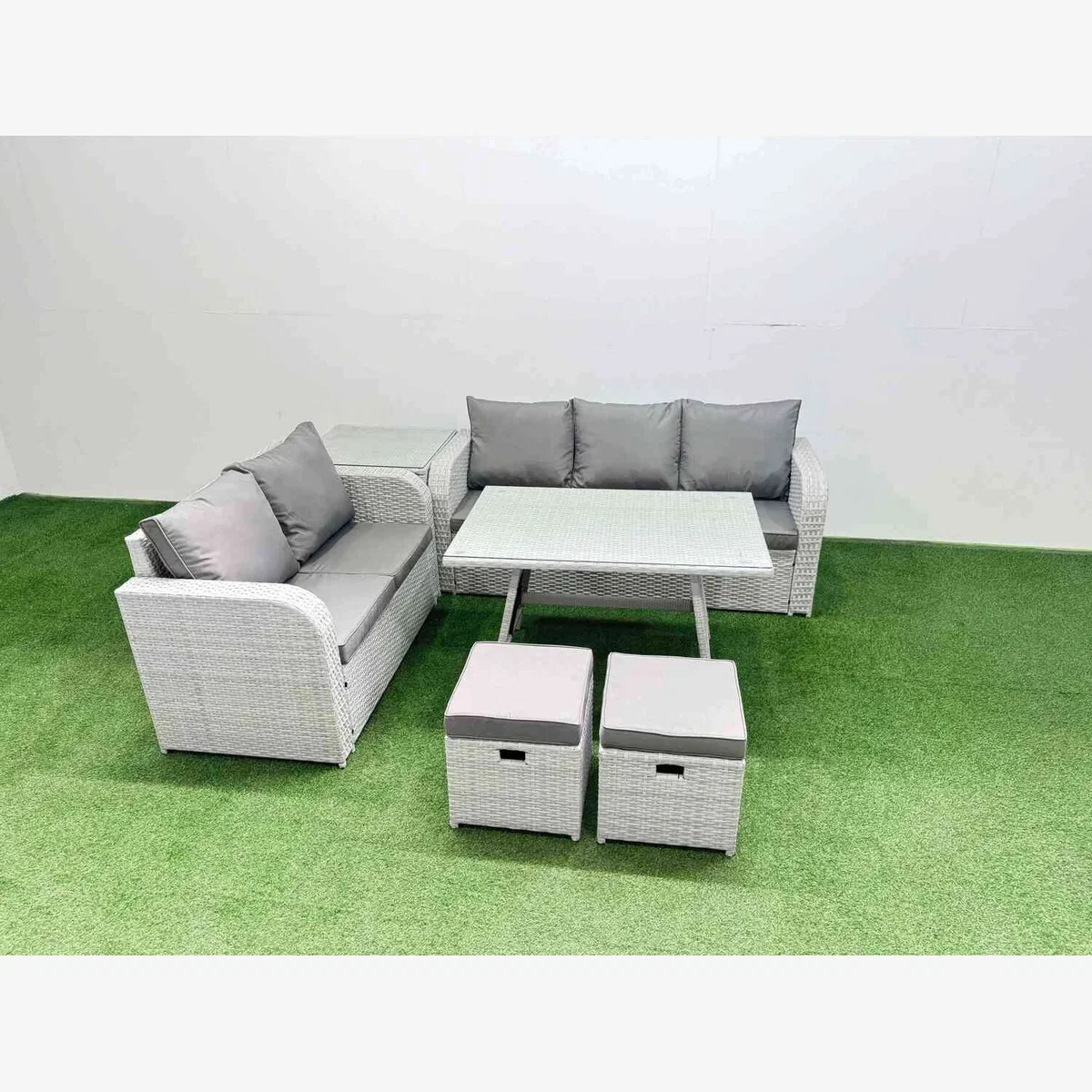 Fimous 6-Seater PE Rattan Garden Furniture Set with Rectangular Dining Table and Stools, Light Grey. - Light Grey – image 1