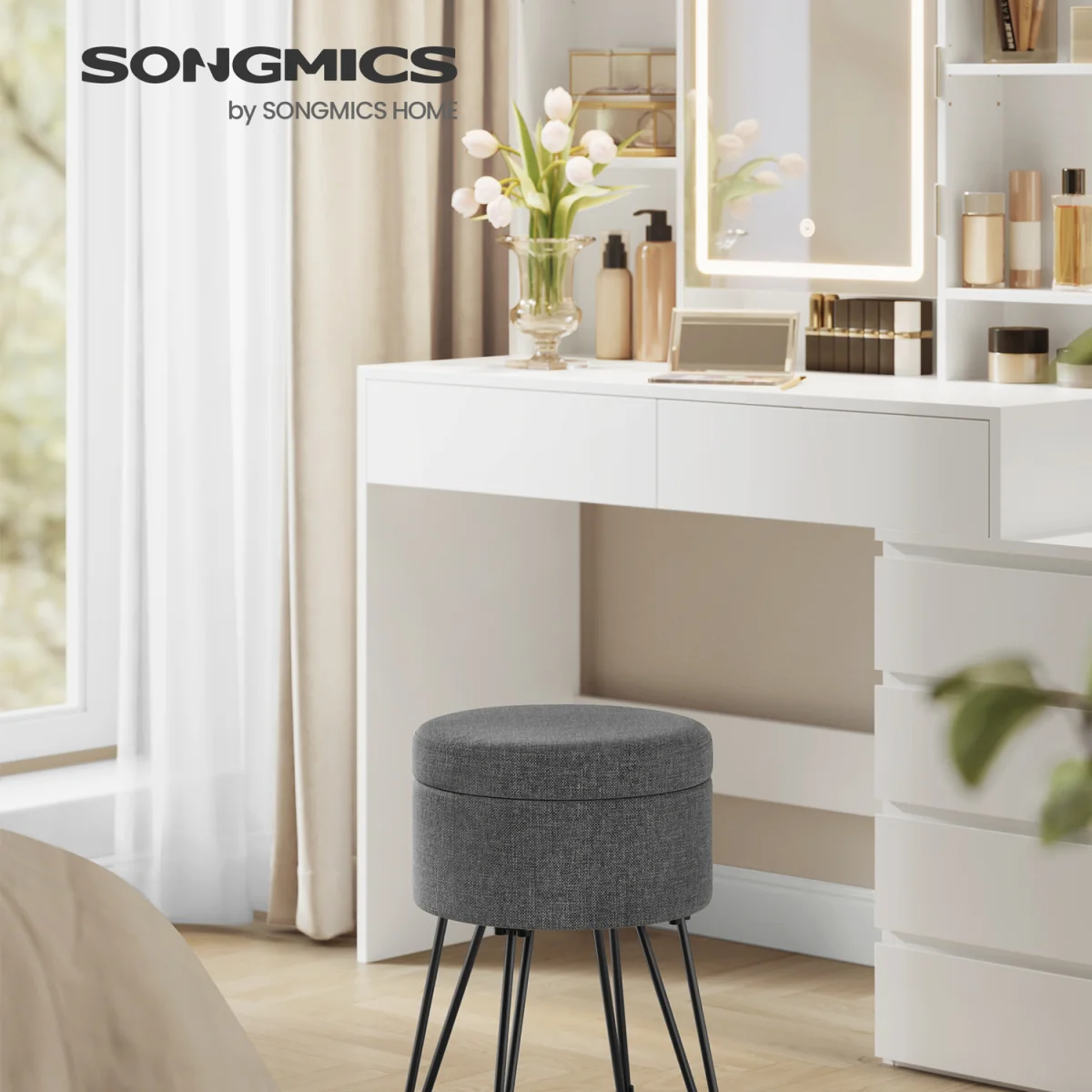 Ottoman Storage Box, Round Vanity Stool with Storage - Dark Grey – image 2