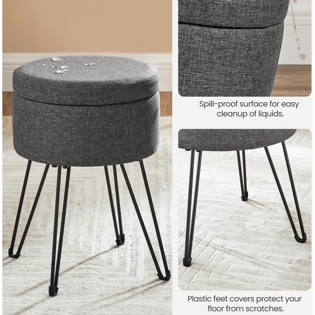 Ottoman Storage Box, Round Vanity Stool with Storage - Dark Grey – image 3