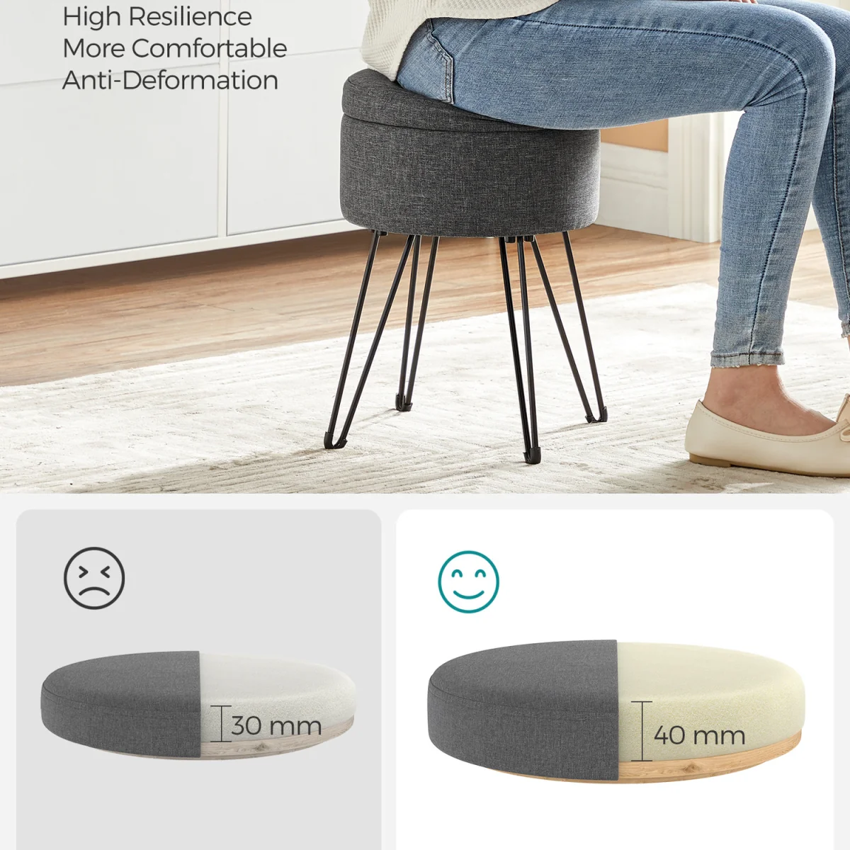 Ottoman Storage Box, Round Vanity Stool with Storage - Dark Grey – image 4