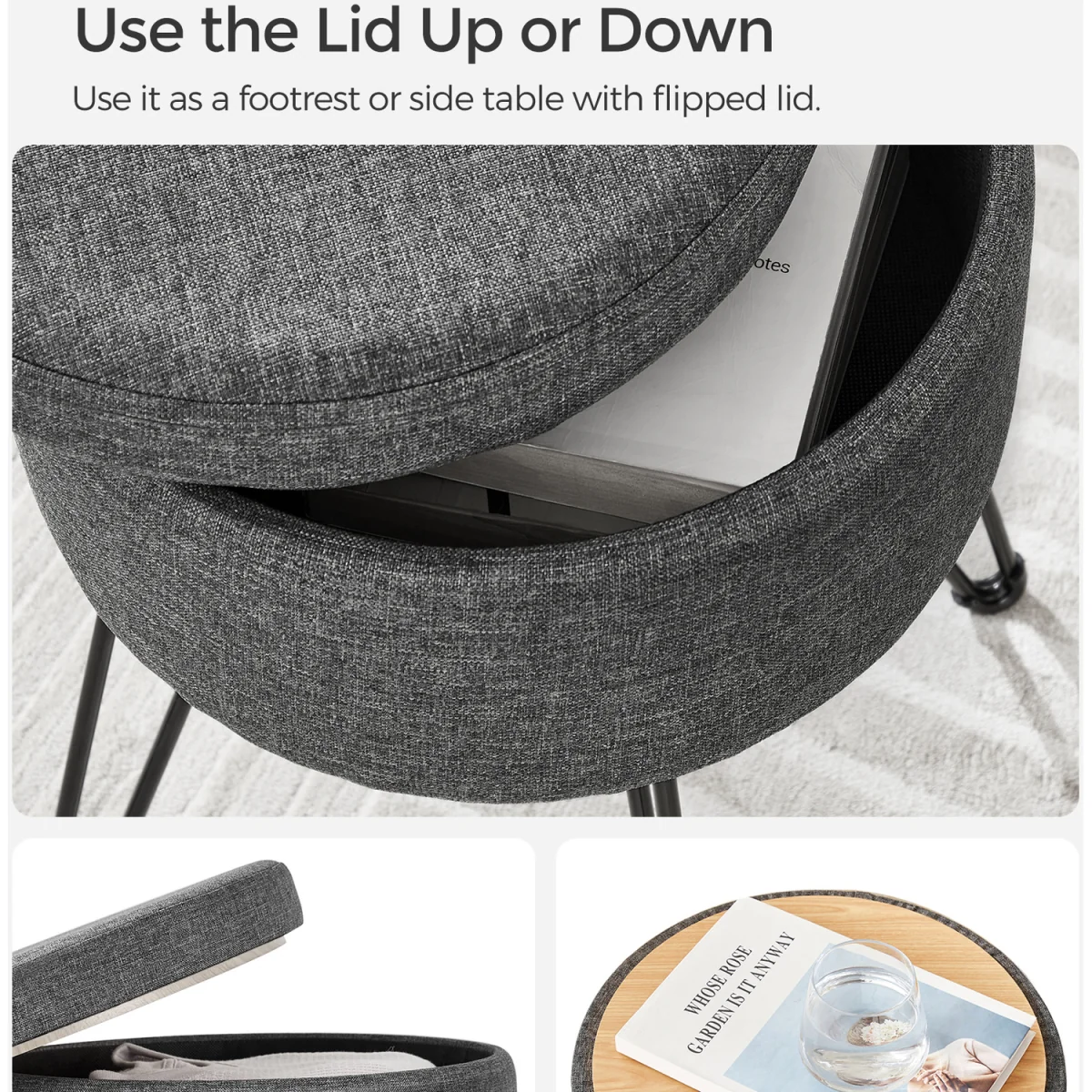 Ottoman Storage Box, Round Vanity Stool with Storage - Dark Grey – image 7