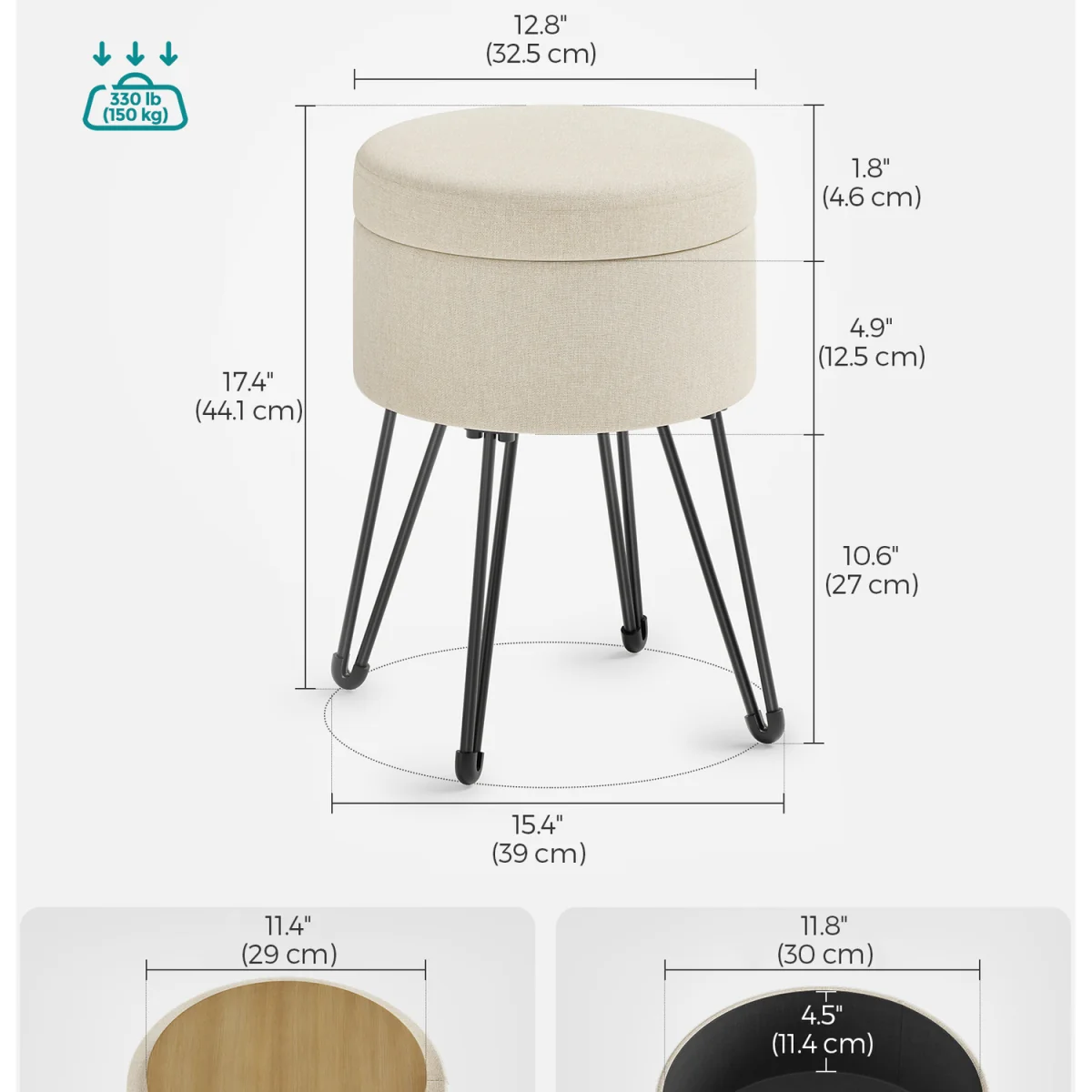 Ottoman Storage Box, Round Vanity Stool with Storage - Dark Grey – image 8