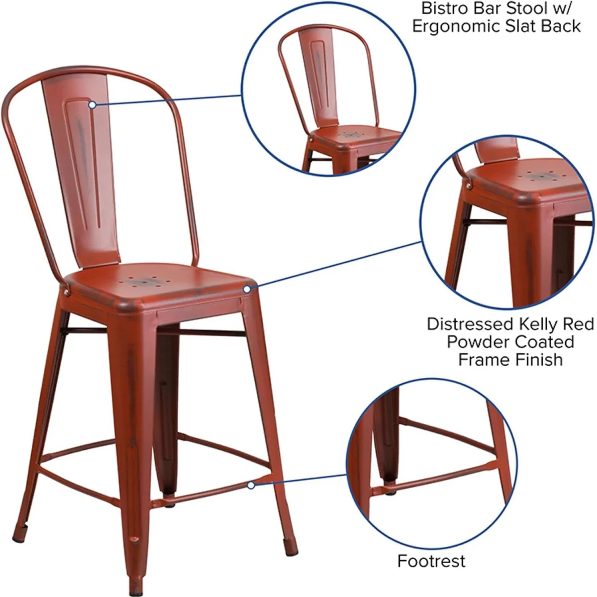 FWStyle 24 Inch Distressed Metal Indoor and Outdoor Counter High Stools - Red – image 5