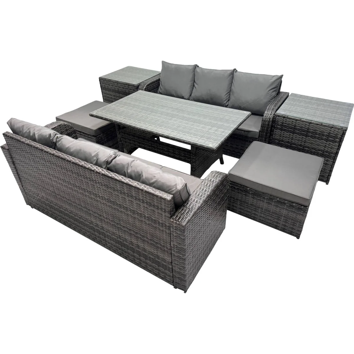 Fimous 8-Seat PE Rattan Garden Set with Dining Table, 2 Stools & 2 Side Tables, Dark Grey - Dark Grey Mixed – image 2