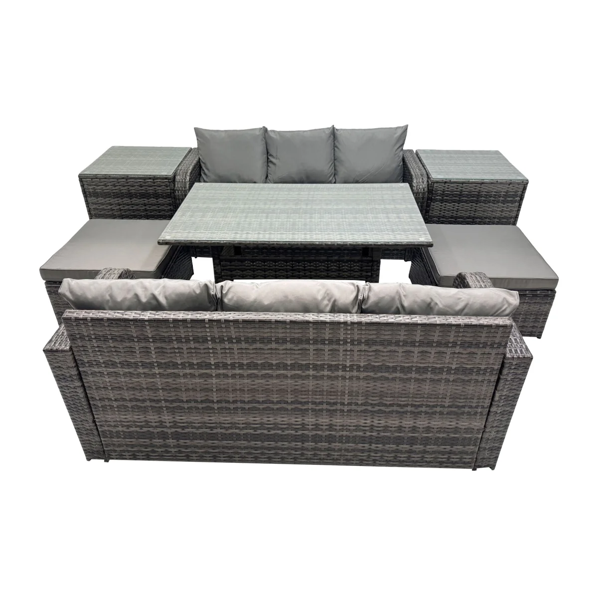 Fimous 8-Seat PE Rattan Garden Set with Dining Table, 2 Stools & 2 Side Tables, Dark Grey - Dark Grey Mixed – image 1