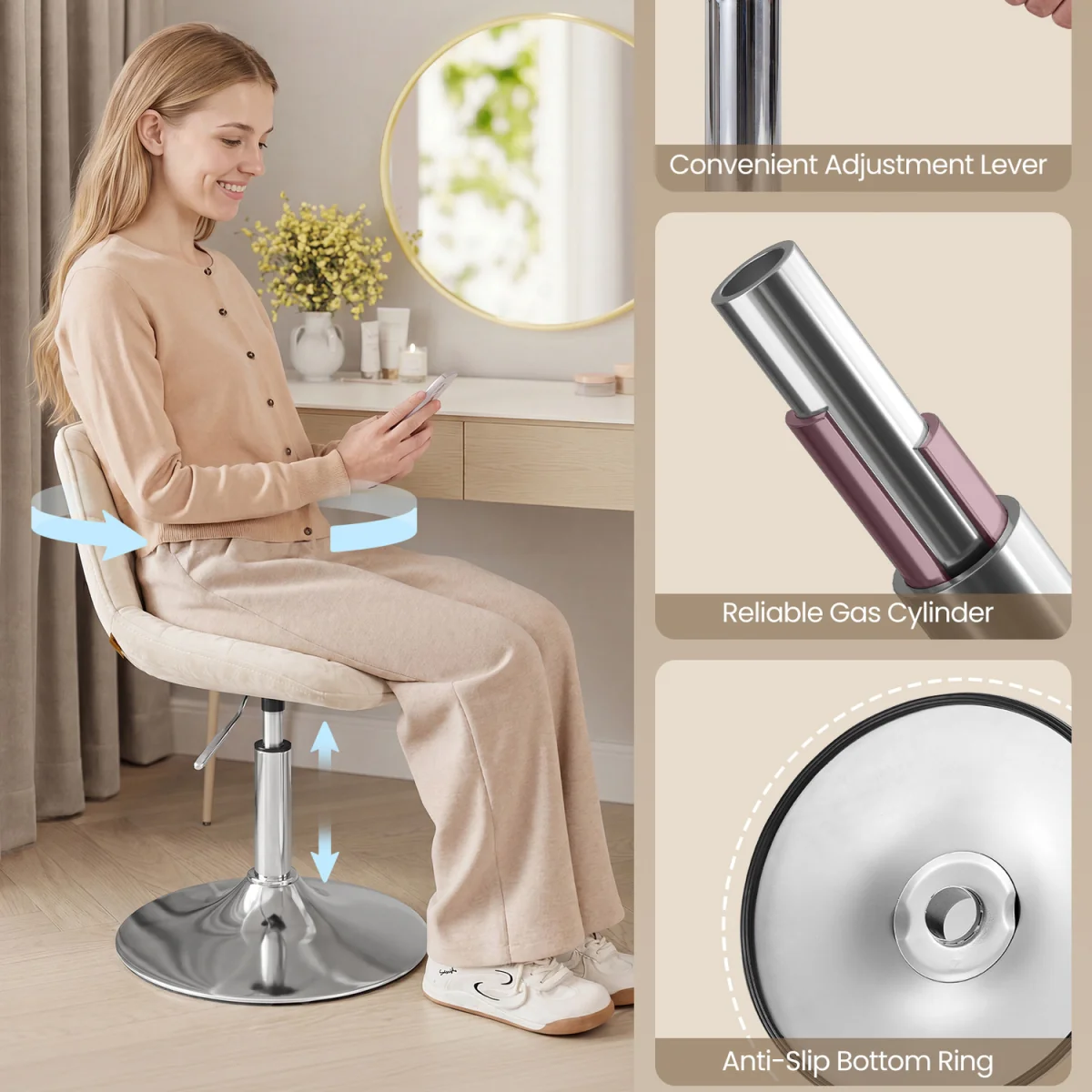 Adjustable Swivel Dressing Stool With Backrest - White – image 8
