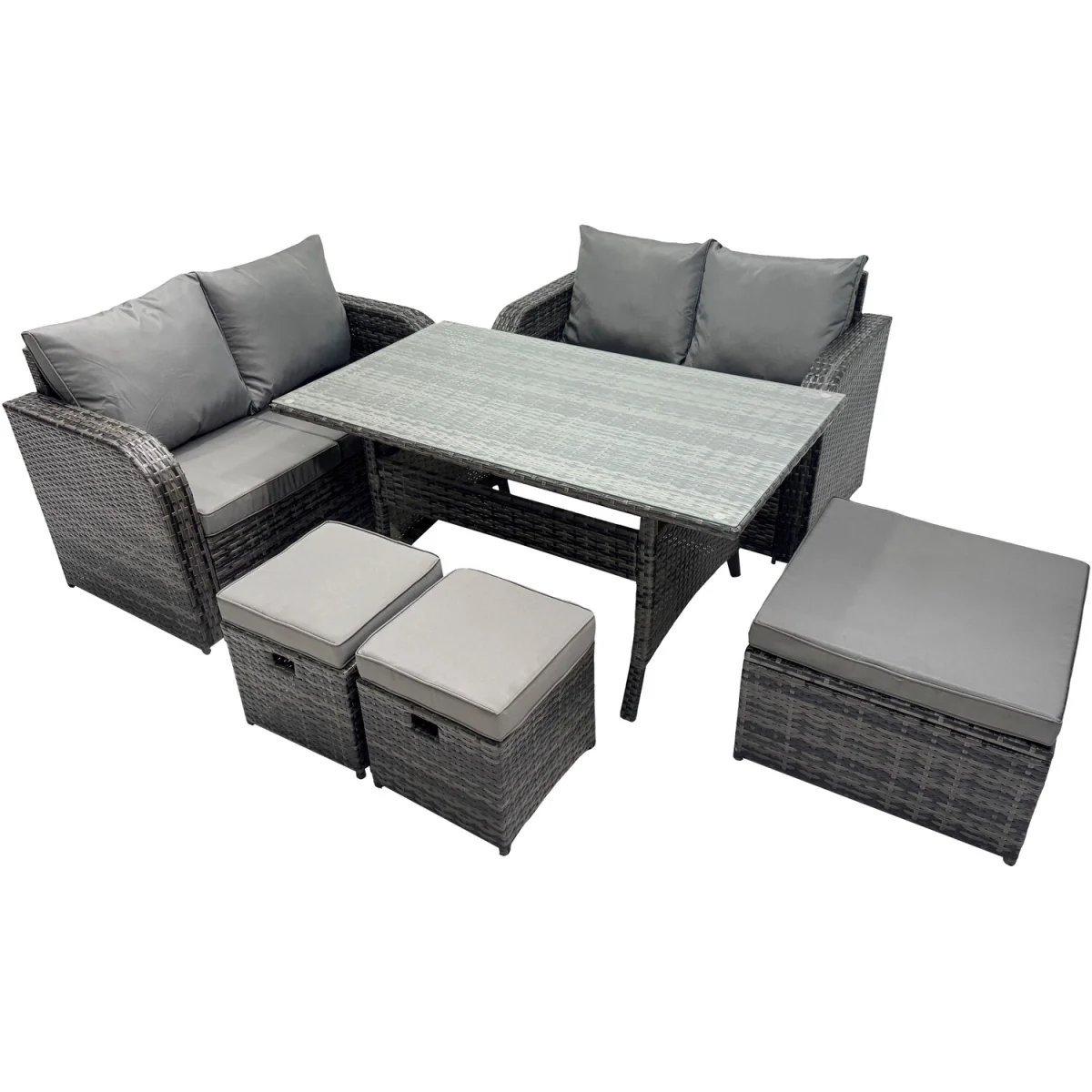 Fimous PE Rattan Garden Sofa and Dining Set, 7 Seats (2 Love Sofas, Rectangular Table, 3 Stools). - Dark Grey Mixed – image 5