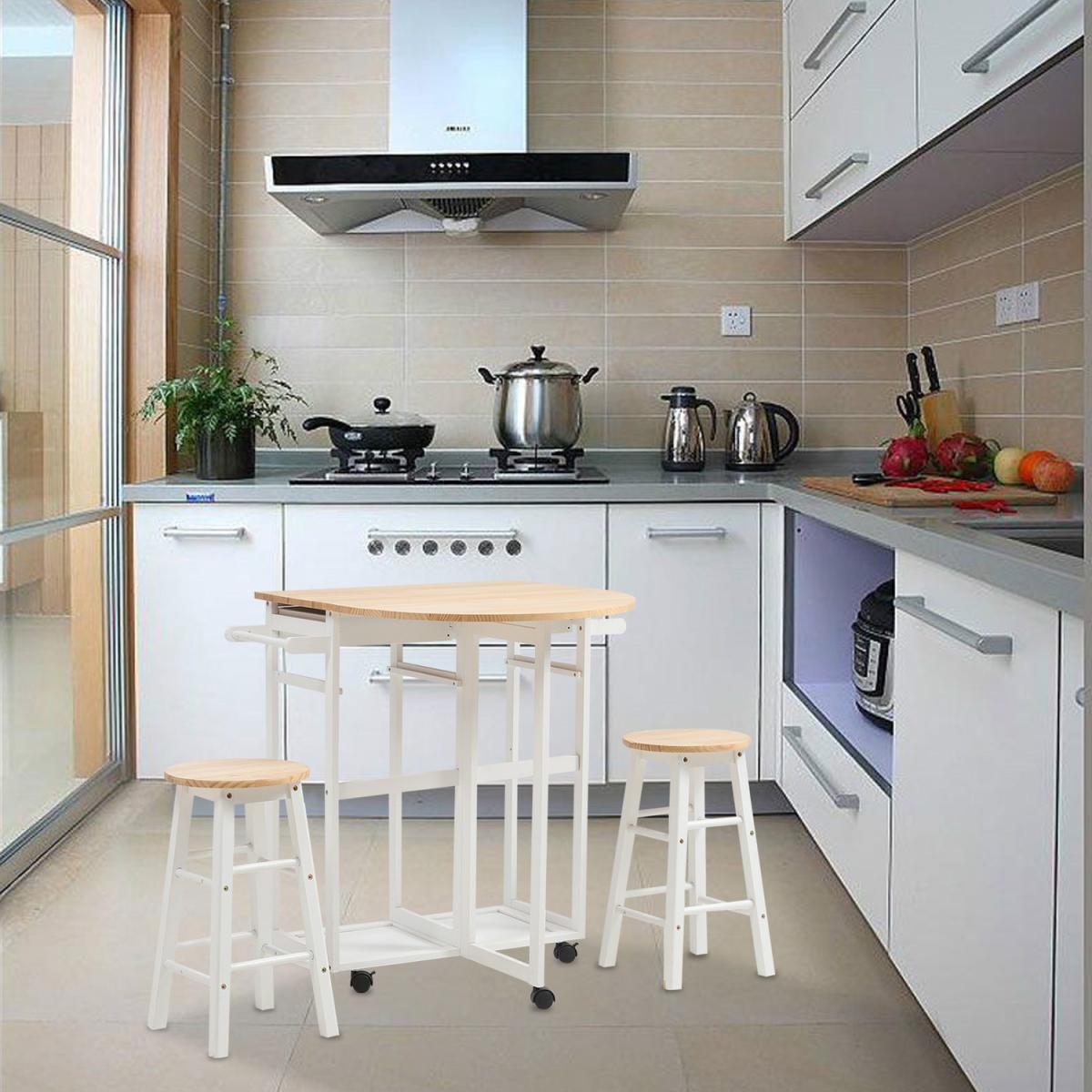 Kitchen Veg Fruit Storage Trolley Rack Rolling Cart Foldable With 2 Stool - White – image 4