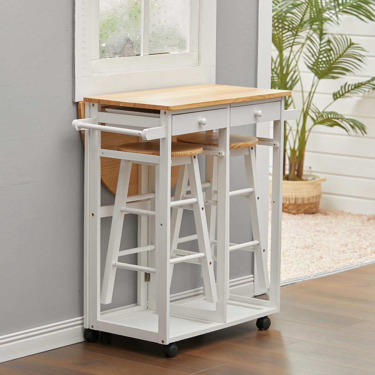 Kitchen Veg Fruit Storage Trolley Rack Rolling Cart Foldable With 2 Stool - White – image 9