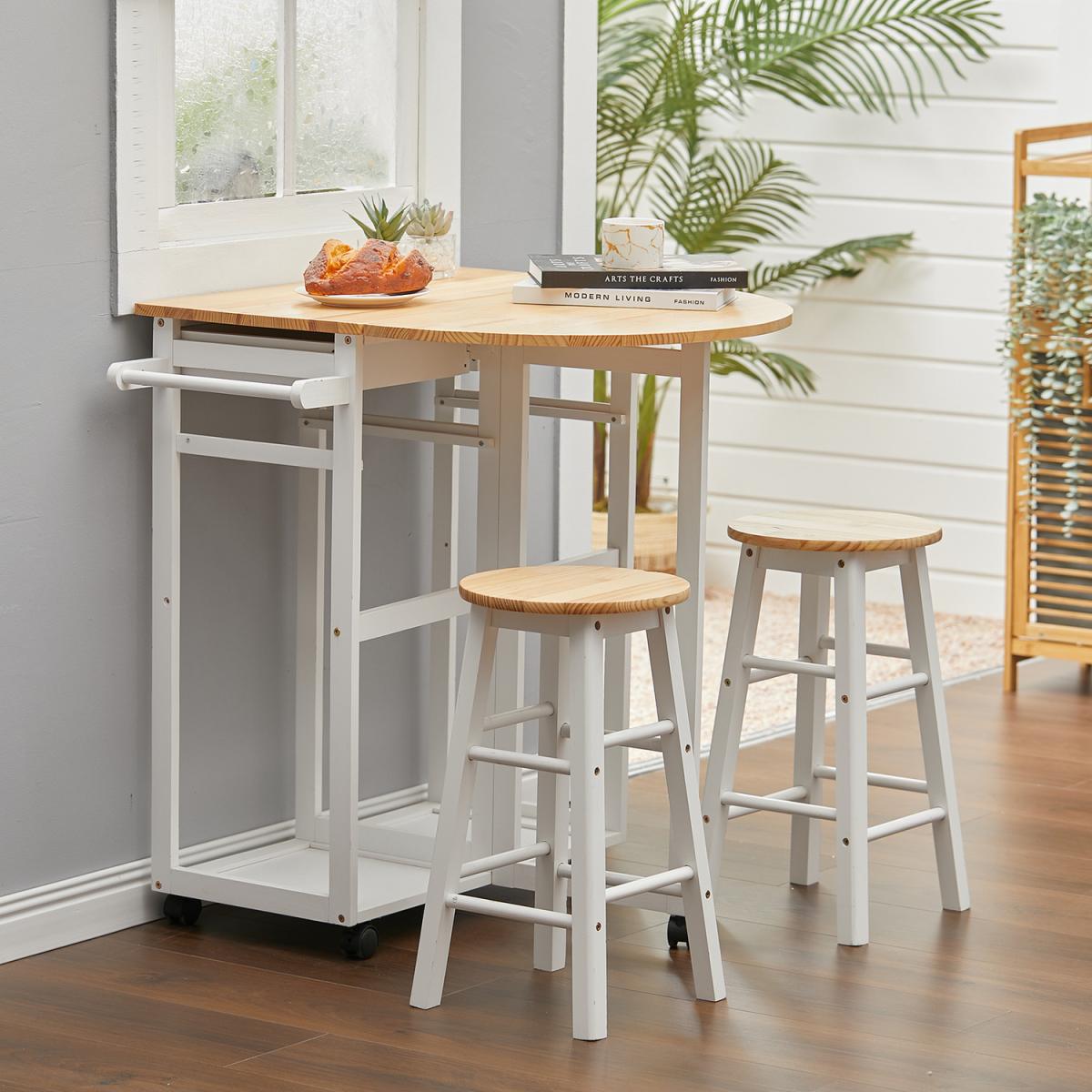 Kitchen Veg Fruit Storage Trolley Rack Rolling Cart Foldable With 2 Stool - White – image 1