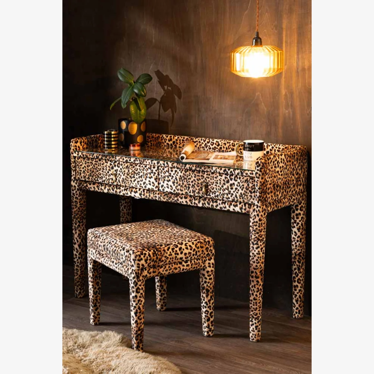 Signature Leopard Print Velvet Dressing Table & Stool