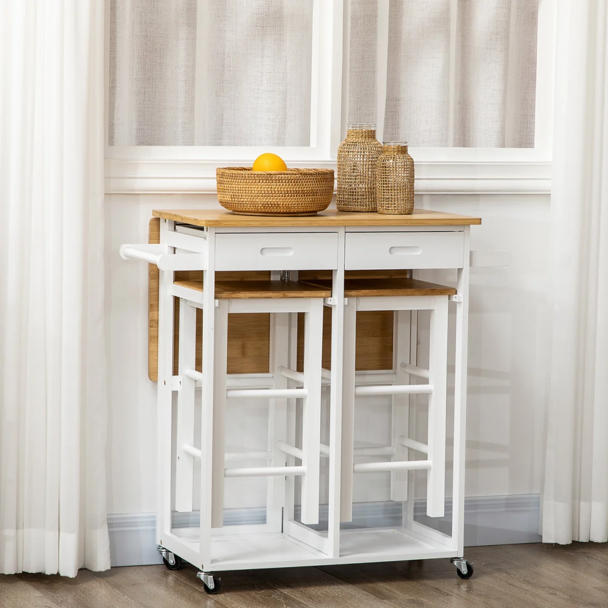 Kitchen Island Set with 2 Stools, Bamboo Kitchen Cart with Drop Leaf - White – image 4