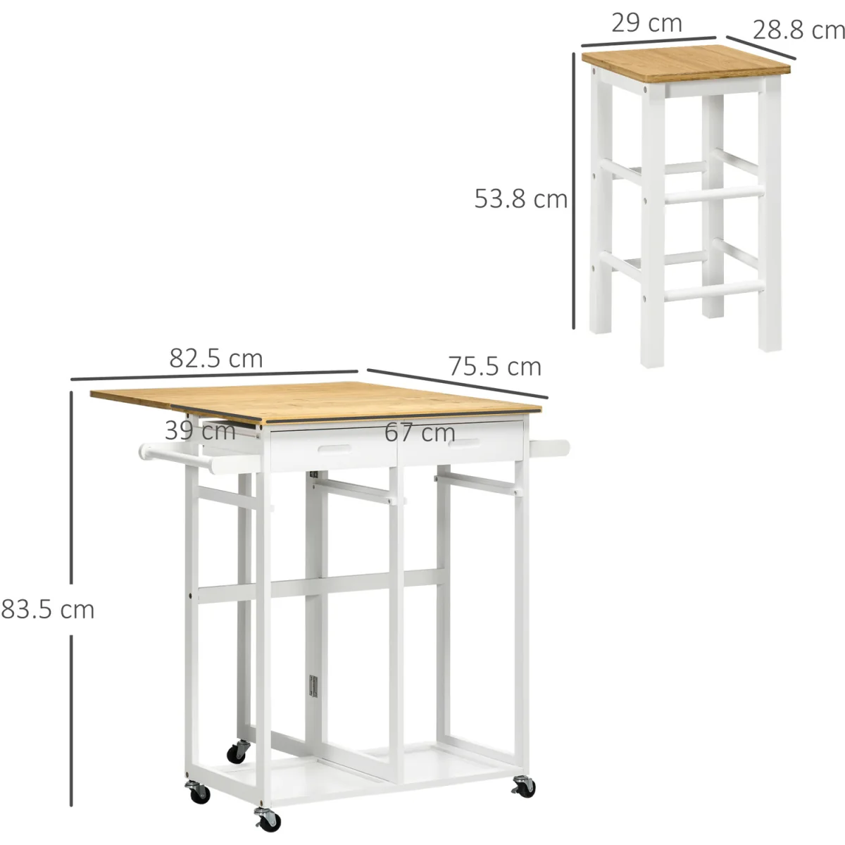 Kitchen Island Set with 2 Stools, Bamboo Kitchen Cart with Drop Leaf - White – image 5