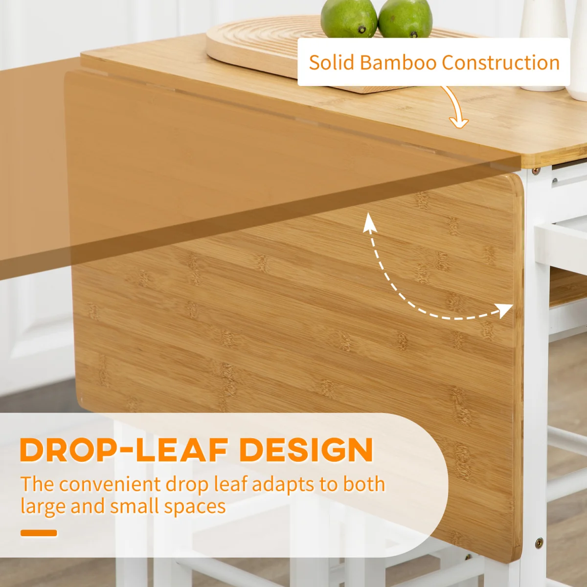 Kitchen Island Set with 2 Stools, Bamboo Kitchen Cart with Drop Leaf - White – image 6