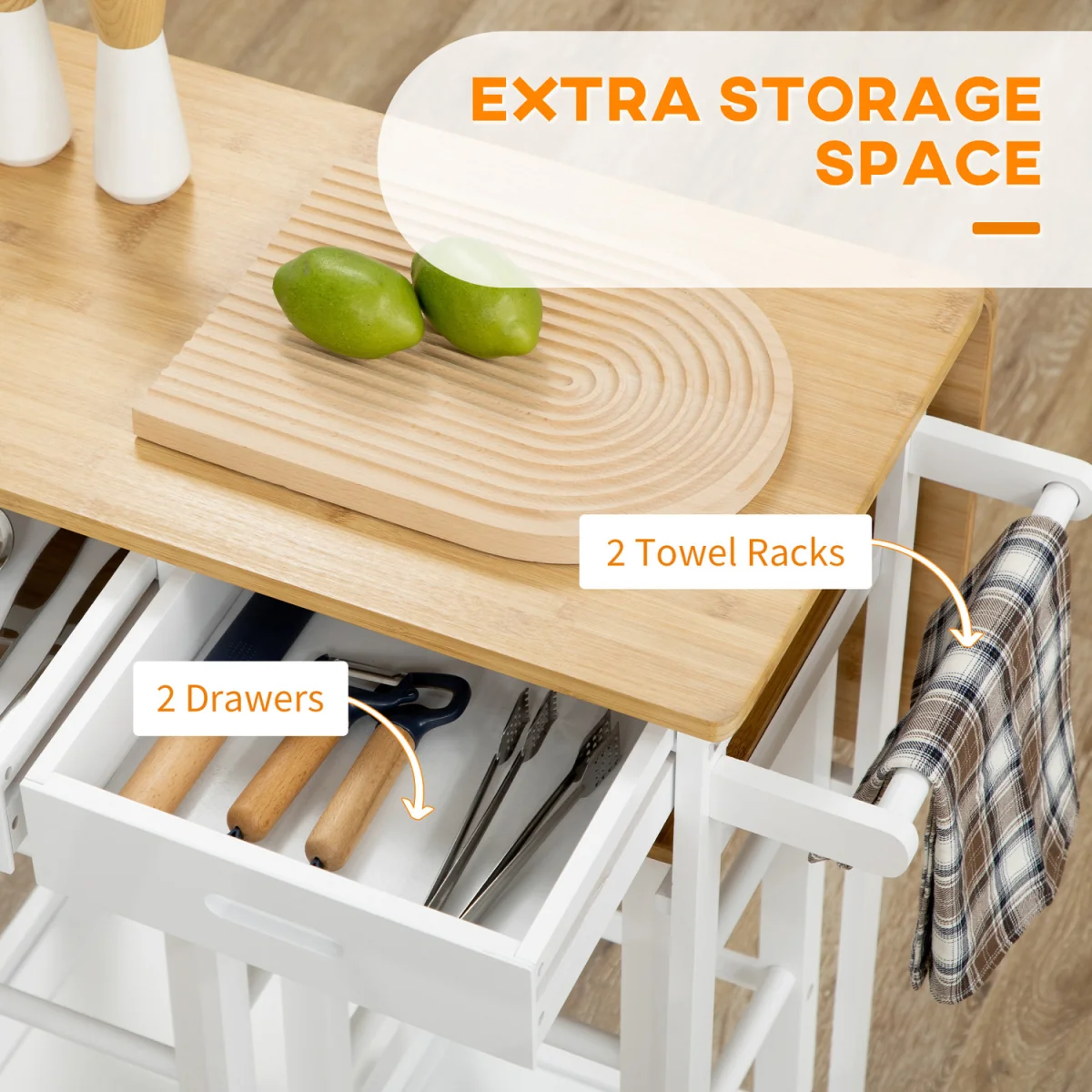Kitchen Island Set with 2 Stools, Bamboo Kitchen Cart with Drop Leaf - White – image 8