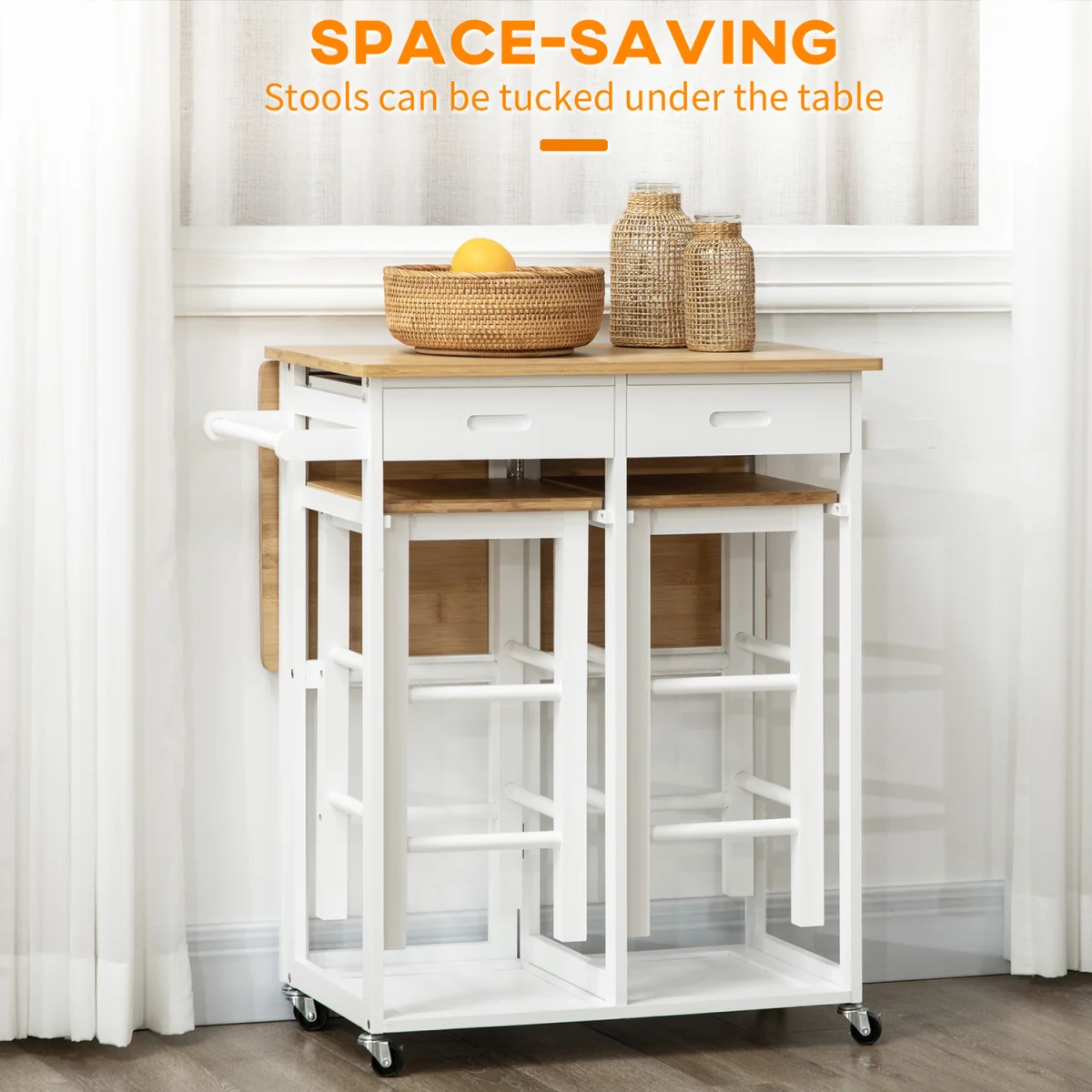 Kitchen Island Set with 2 Stools, Bamboo Kitchen Cart with Drop Leaf - White – image 9