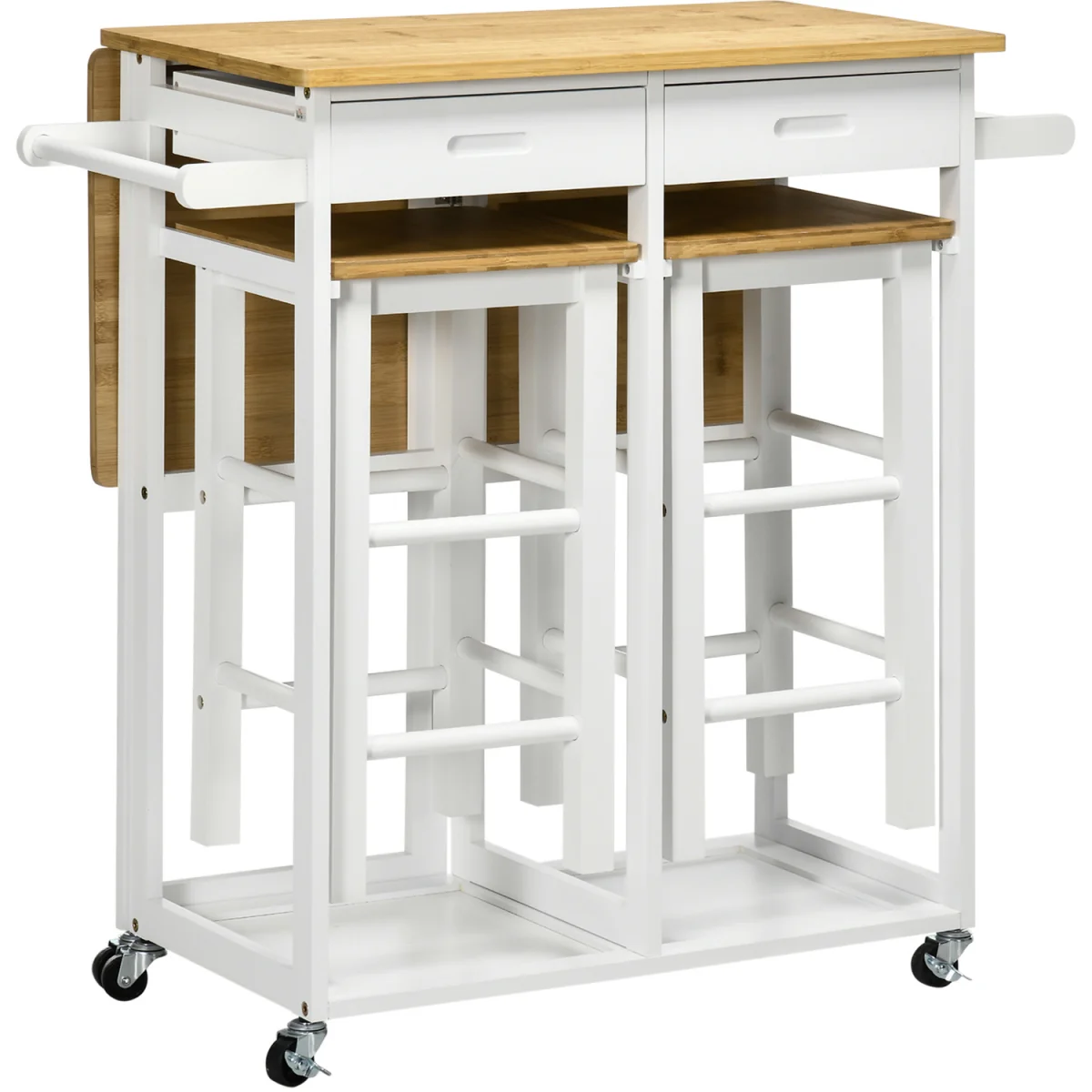 Kitchen Island Set with 2 Stools, Bamboo Kitchen Cart with Drop Leaf - White – image 10