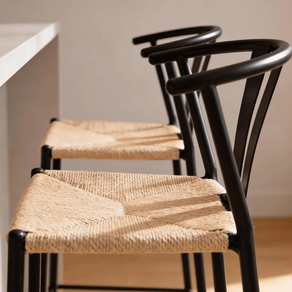 Pair of Eira Black Metal Stools with Woven Seat - Black & Natural – image 3