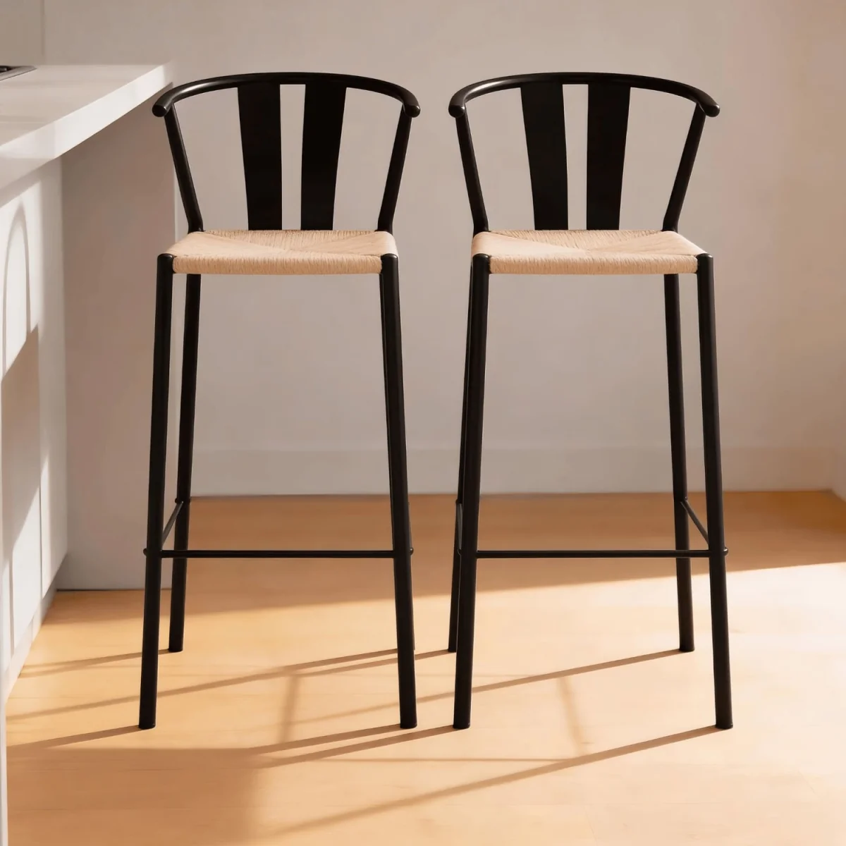 Pair of Eira Black Metal Stools with Woven Seat - Black & Natural – image 4