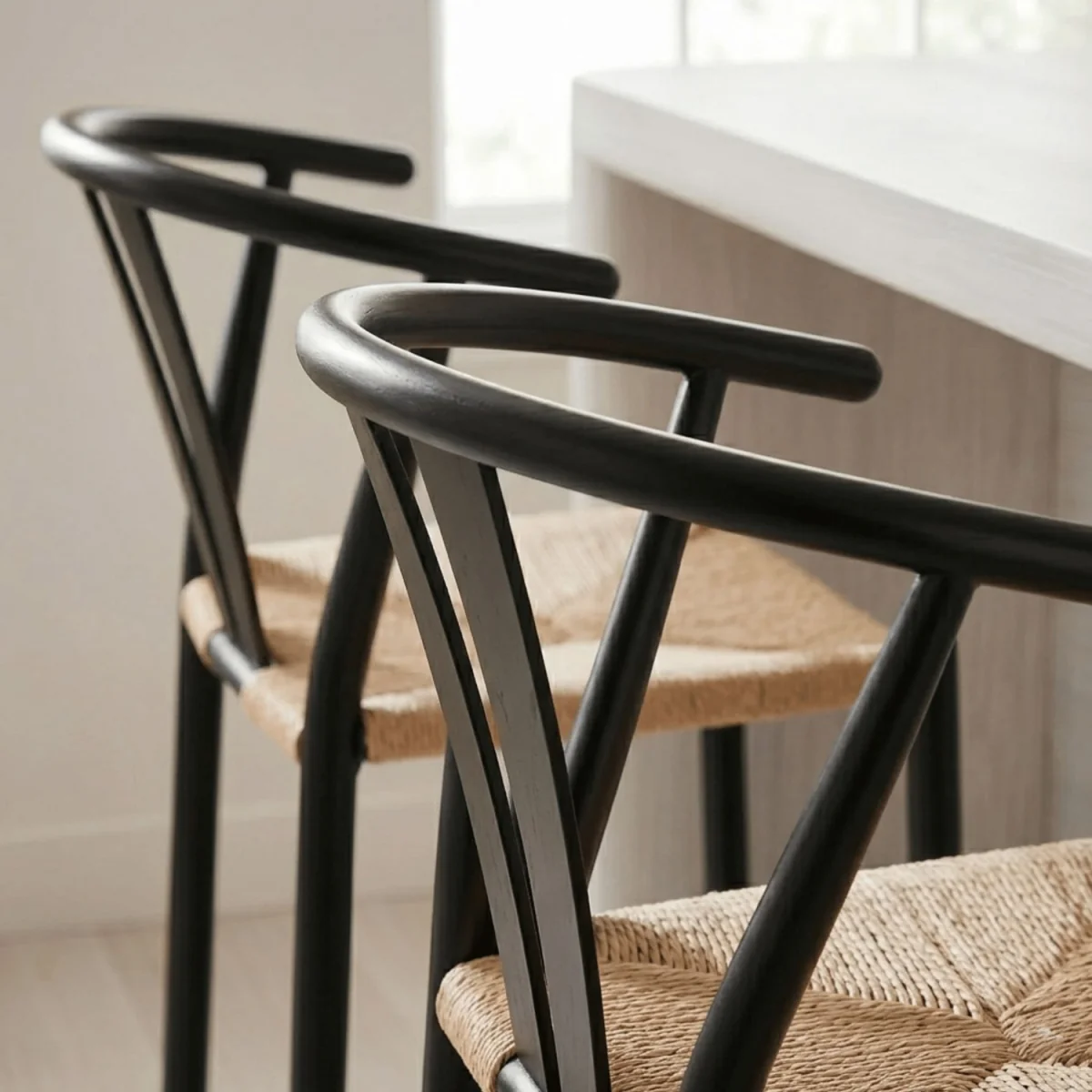 Pair of Eira Black Metal Stools with Woven Seat - Black & Natural – image 5
