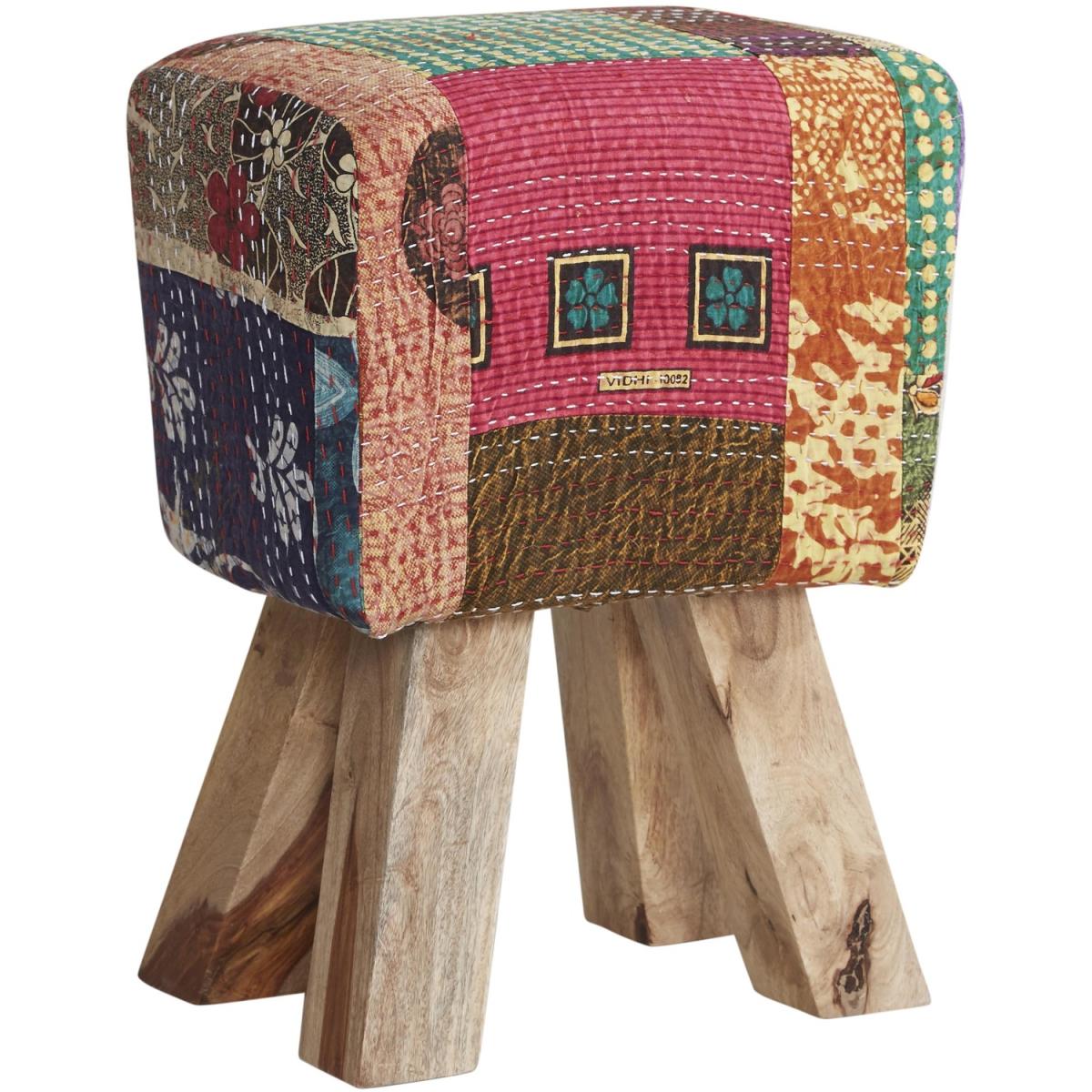 Solid Wooden Legs Stool with Multi Fabric and Multicoloured Seat - Multicolour – image 2